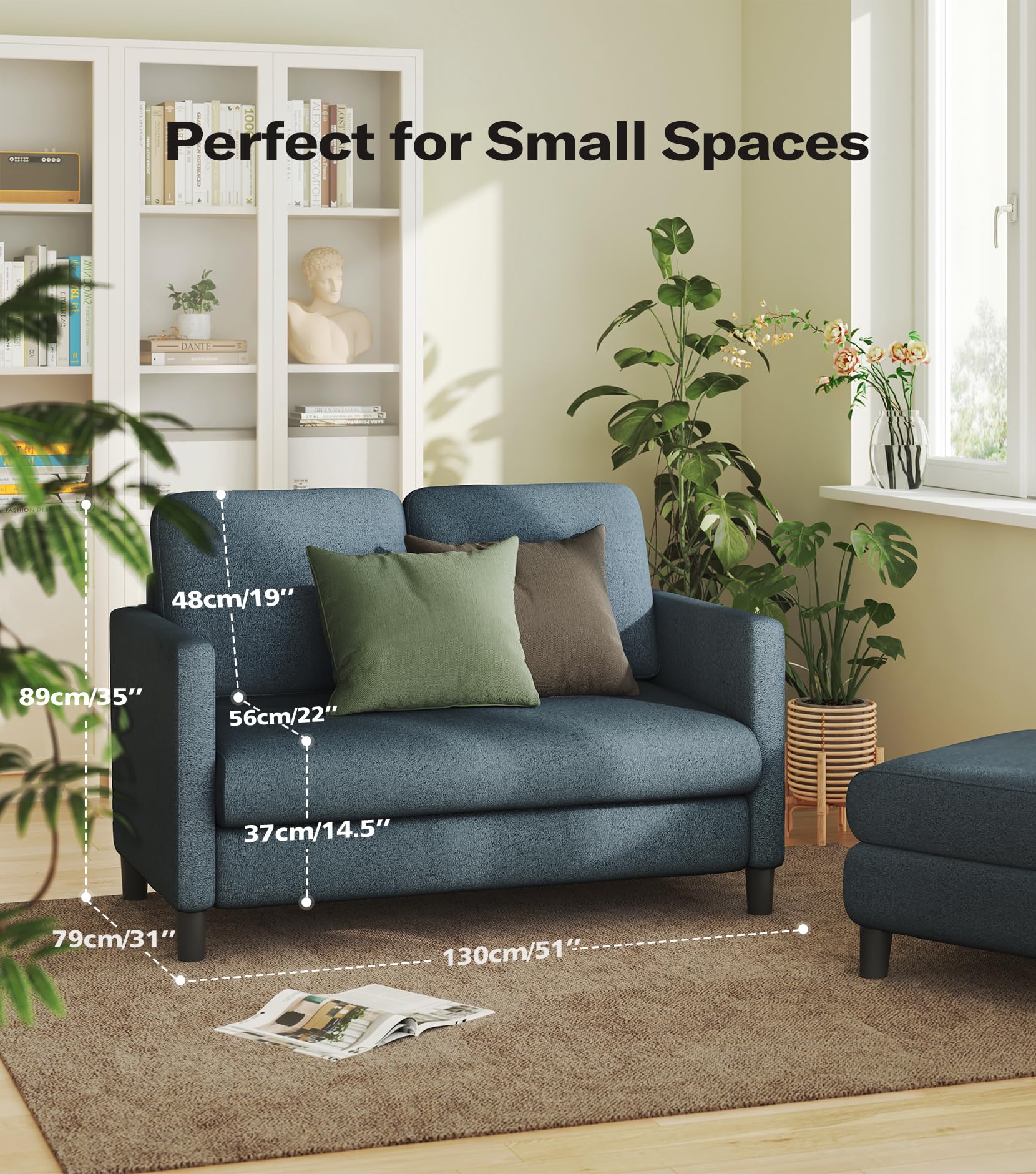 51" Loveseat Sofa – Blue Grey Teddy Fabric Couch, Tool-Free Setup, All-Wood Frame, No Pillow Included, Ideal for Small Rooms