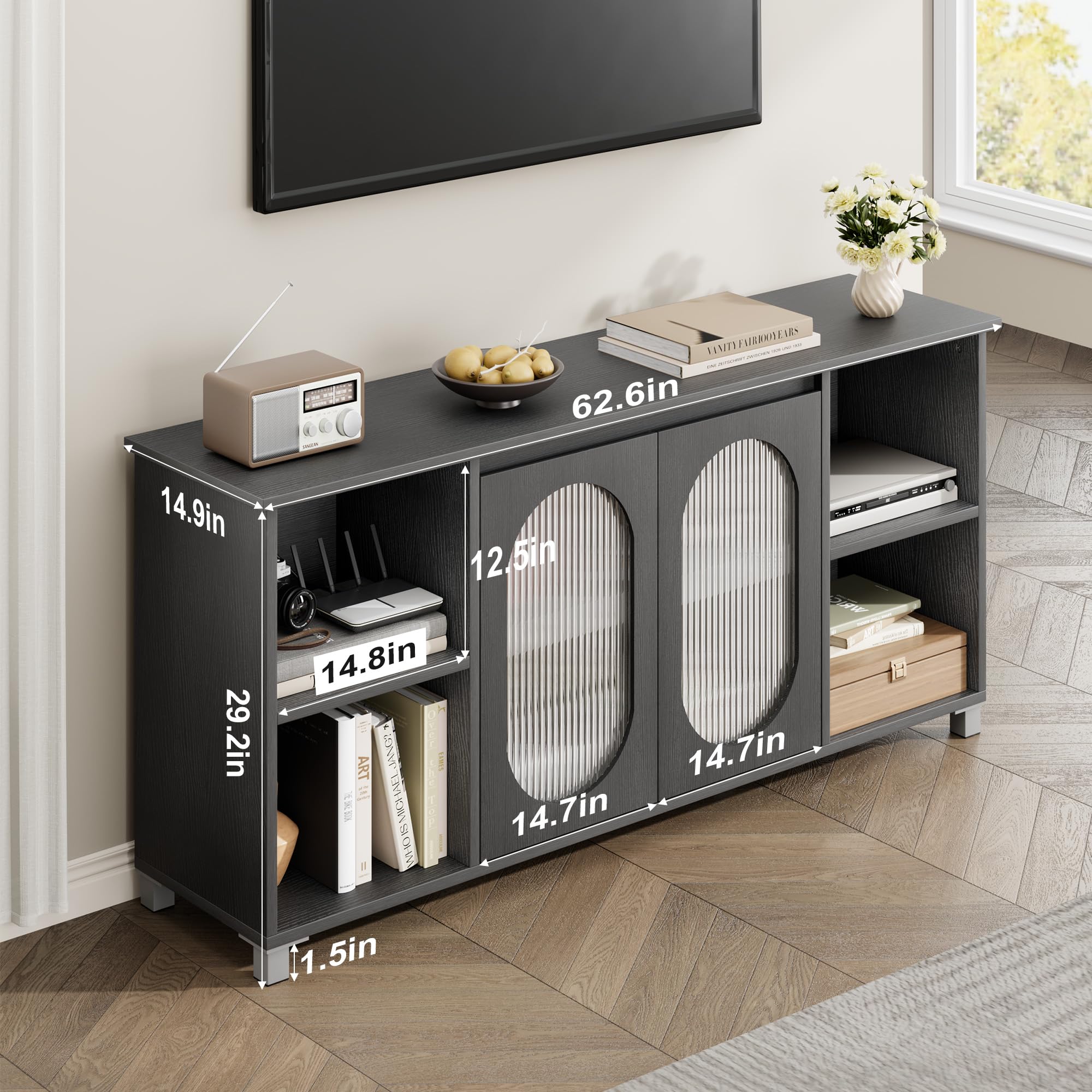 70 Inch Rustic TV Stand – Black Entertainment Center with Corrugated Glass Doors & Open Shelves for Living Room