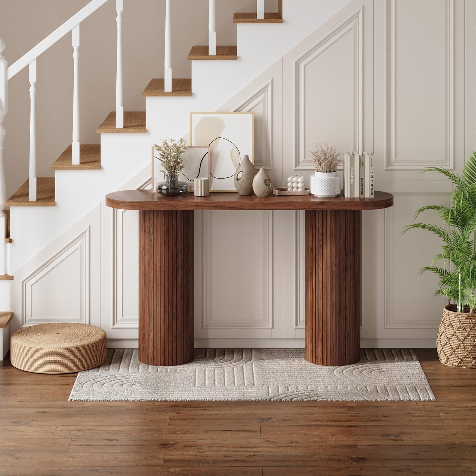 55" Fluted Console Table, Modern Wood Entryway Table for Behind Sofa or Hallway, Farmhouse Style, Walnut Finish