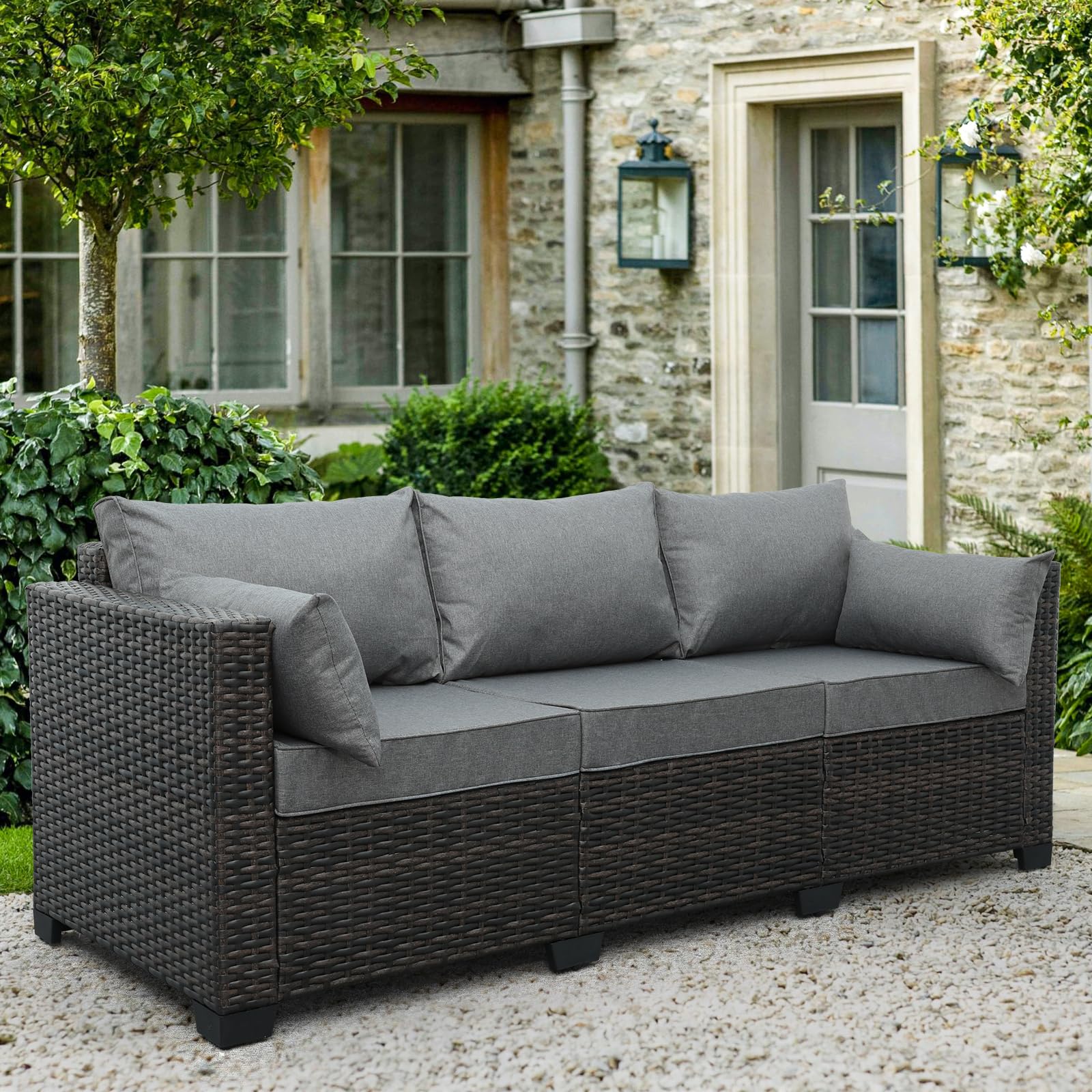 3-Seat Brown PE Wicker Outdoor Sofa, Deep Rattan Patio Couch with Washable Cushions for Garden, Balcony