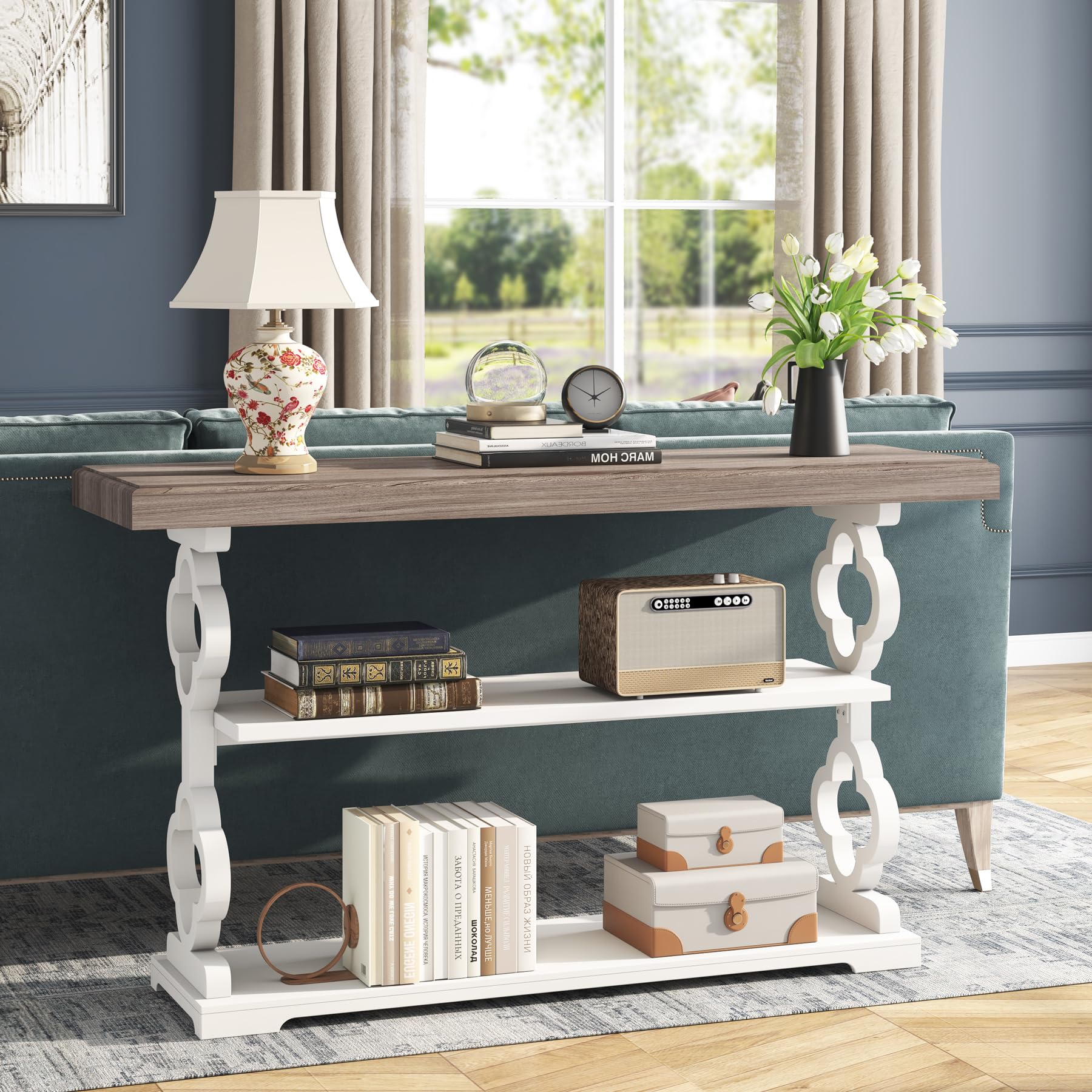 55" Farmhouse Console Table – Grey & White Wood Sofa Table with Storage Shelves for Entryway, Foyer or Living Room
