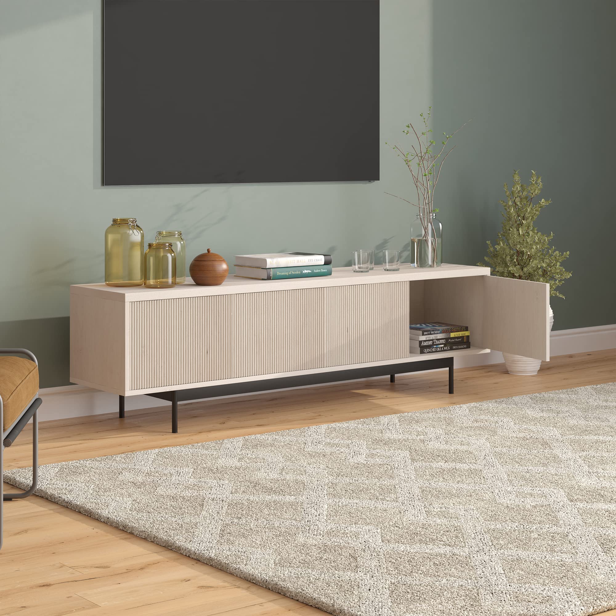 Whitman TV Stand – 70" Wide Entertainment Unit in Elegant Alder White Finish for Modern Living Room Setup