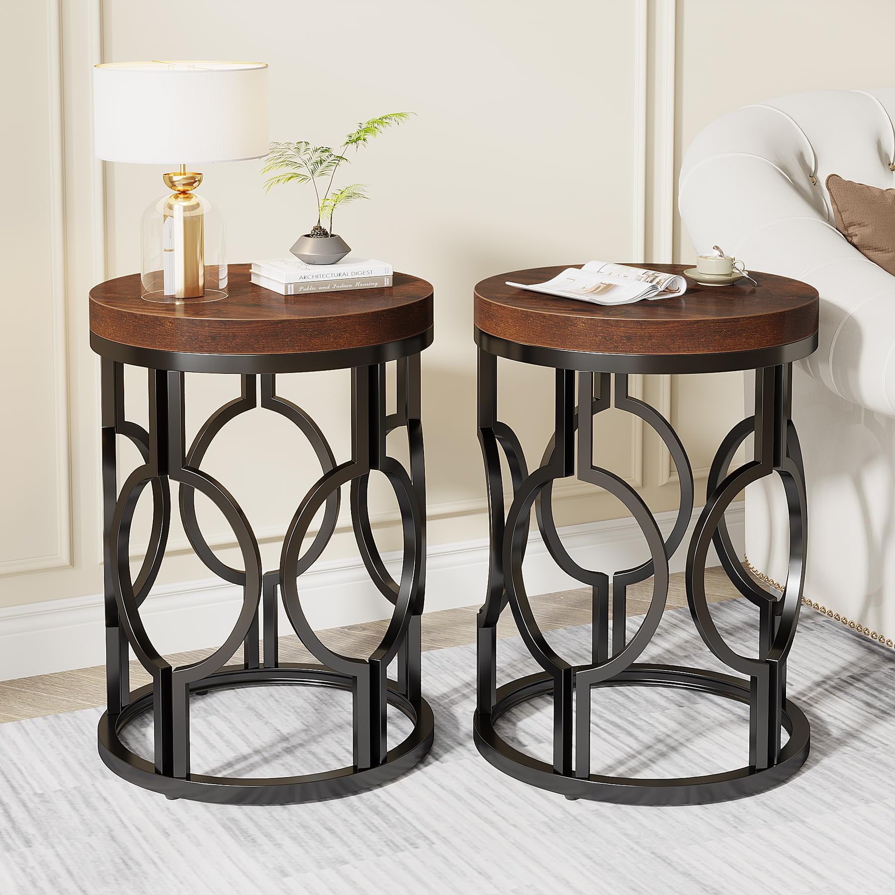 Round Rustic Brown End Table Set of 2, Industrial Side Tables with Metal Hollow Frame, Easy Assembly