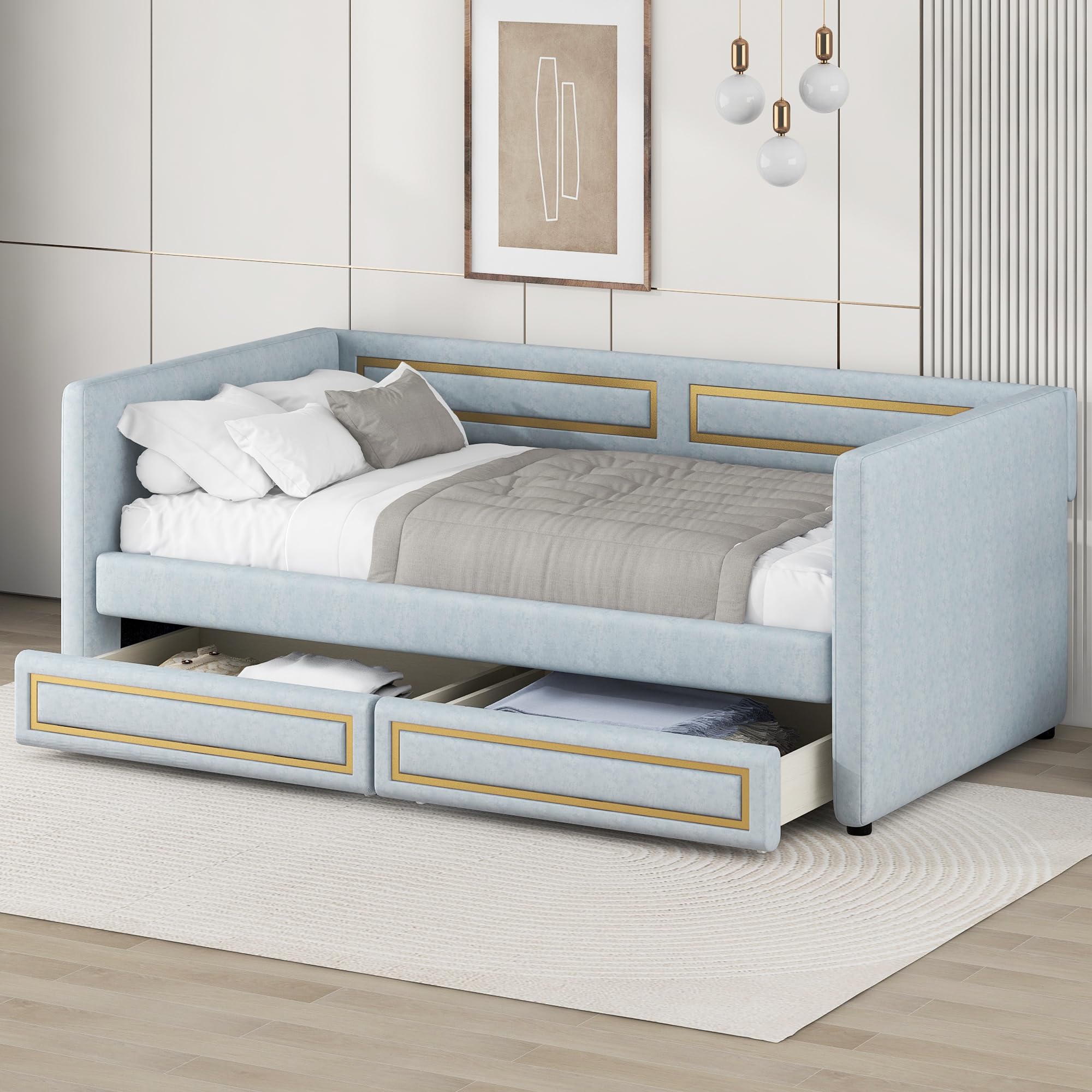 Upholstered Twin Daybed – Blue Trundle Bed with Metal Border, Storage Drawers, Wood Slats, No Box Spring Needed