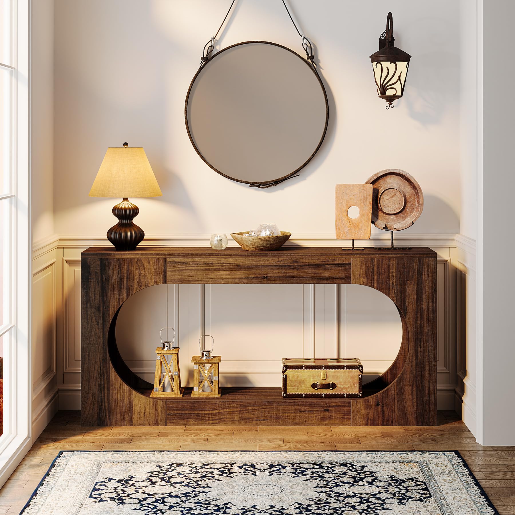 63" Narrow Sofa Table, 2-Tier Farmhouse Entryway Console Table for Hallway, Living Room, Behind Couch, Rustic Brown