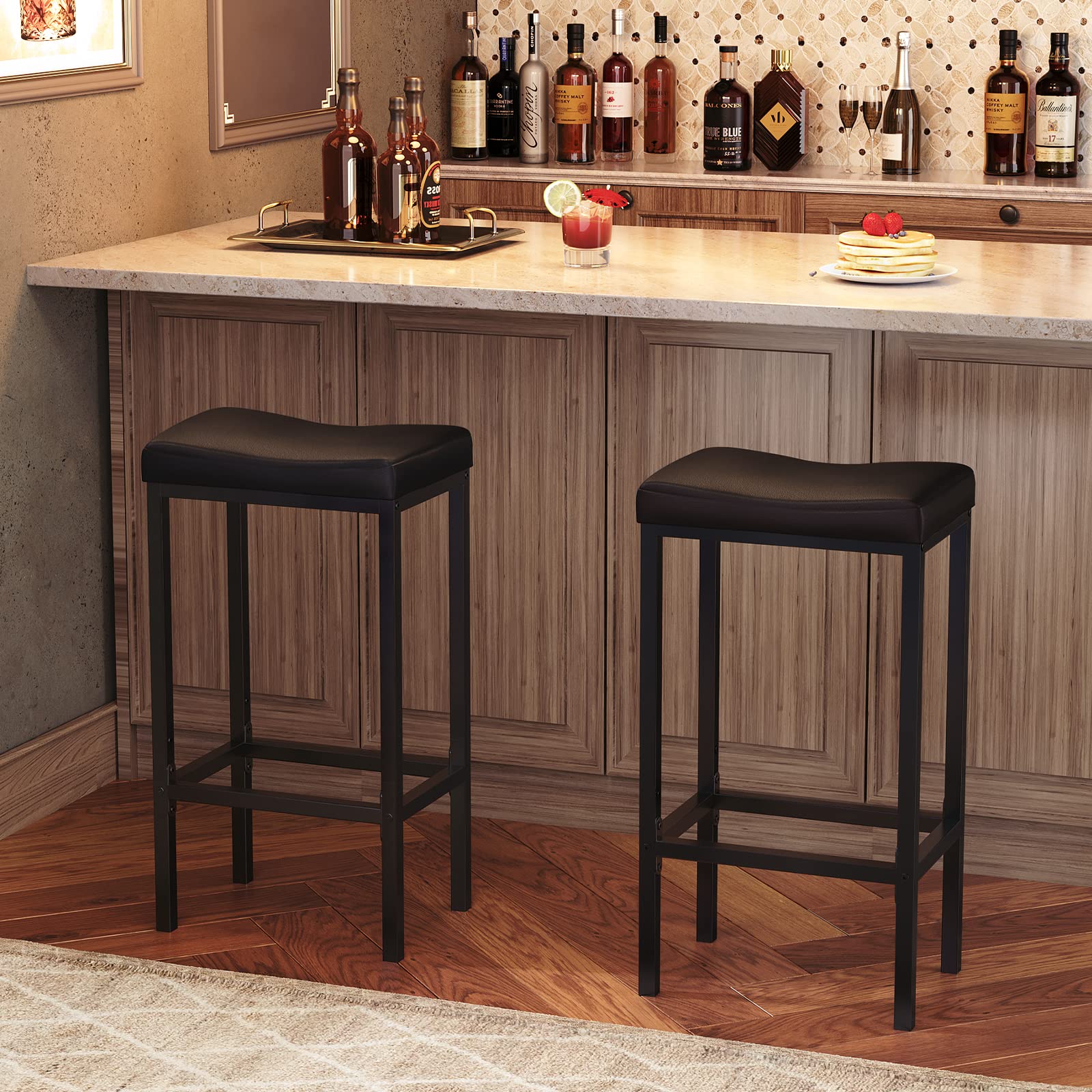 Bar Stools Set of 2, 24.8" Saddle Stools with Curved Seat & 2.4" Cushion, Counter Height Bar Chairs for Kitchen, Cafe, Black