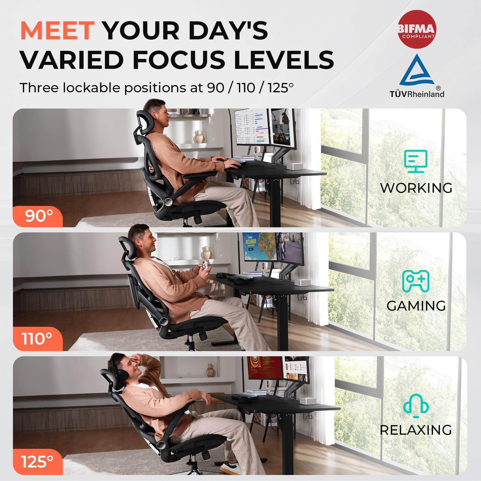 400lbs Ergonomic Mesh Office Chair, 4D Arms, 3D Headrest, Tilt Backrest & PU Wheels, Swivel Desk Chair, Black