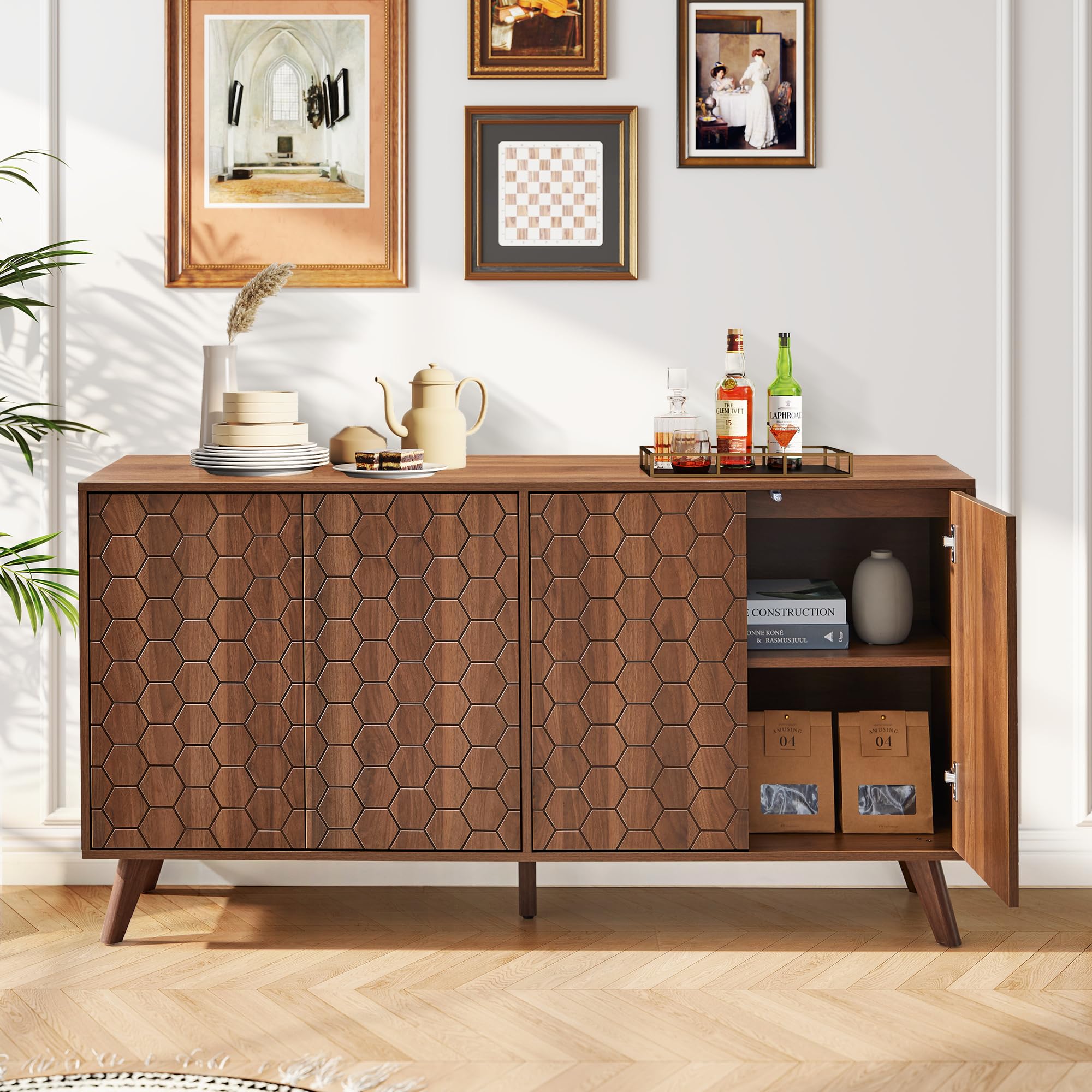 FURNIXI 58'' Large Mid-Century Sideboard Buffet Cabinet, Wooden Credenza with 4 Doors & Shelves, TV Stand Coffee Bar Console