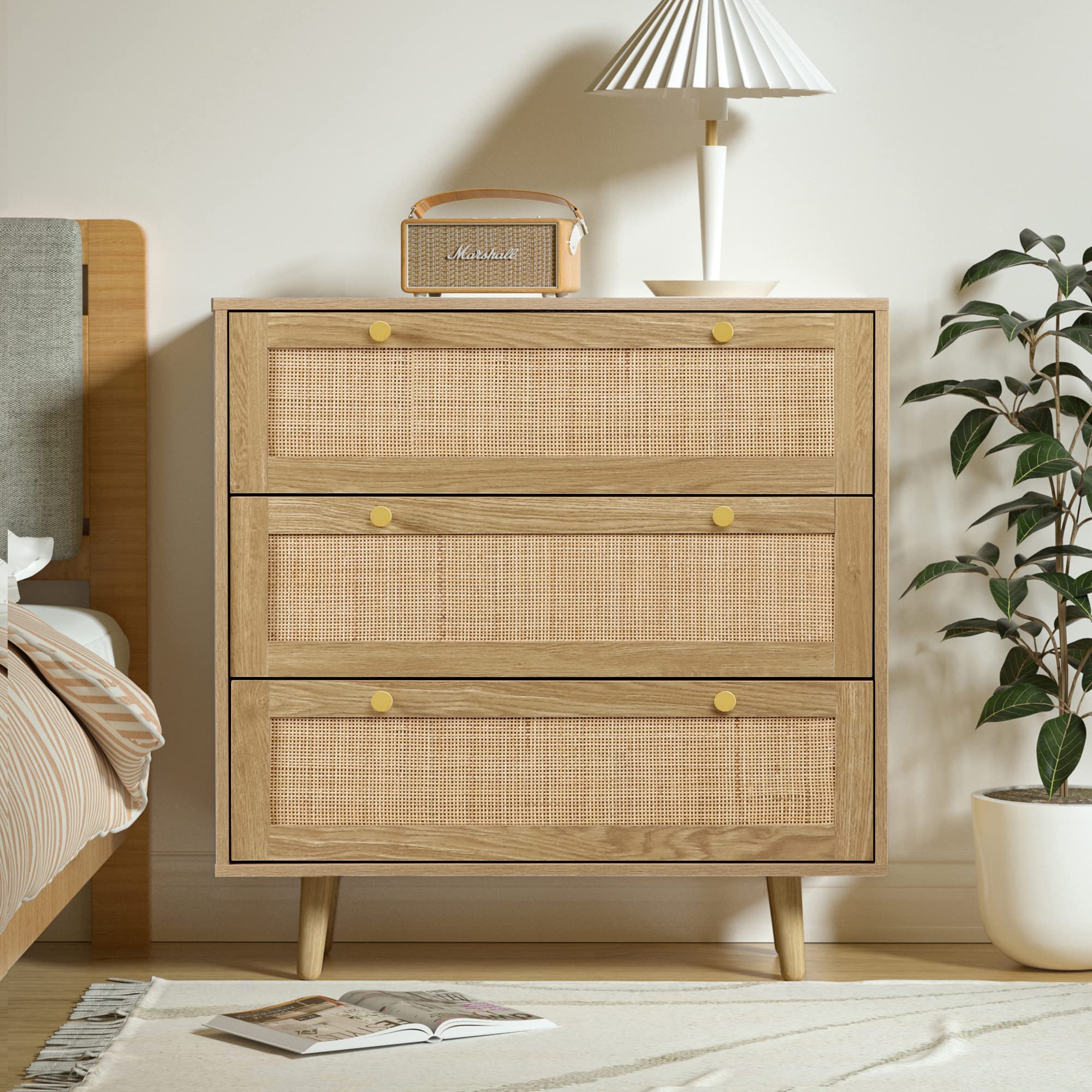 Modern Rattan 3-Drawer Dresser, Rustic Oak Wood Chest with Spacious Storage for Bedroom, Hallway, H0027