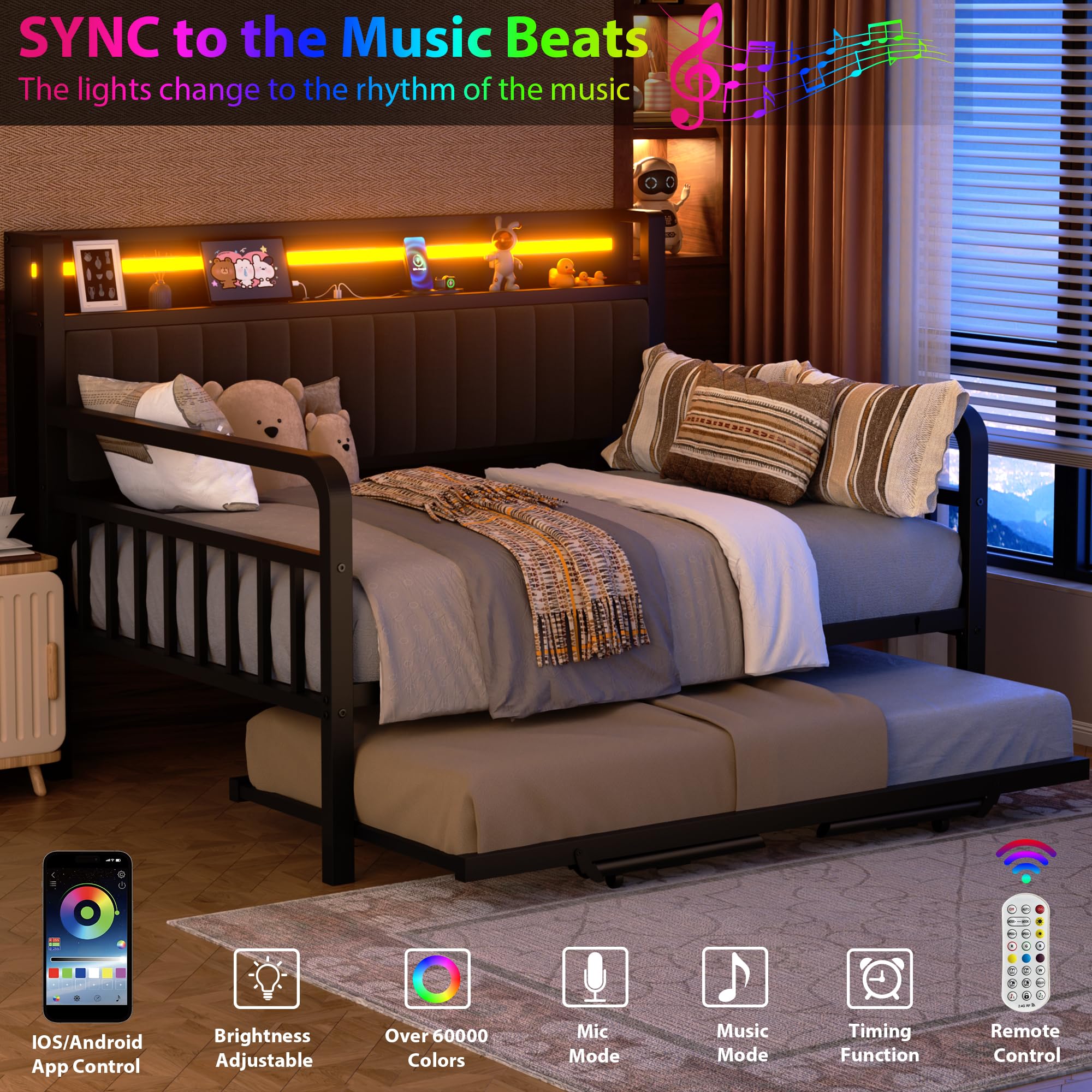 Pop-Up Trundle Daybed – Black Metal Full Frame with Storage Headboard, LED Lights & Charging Station for Guest Room