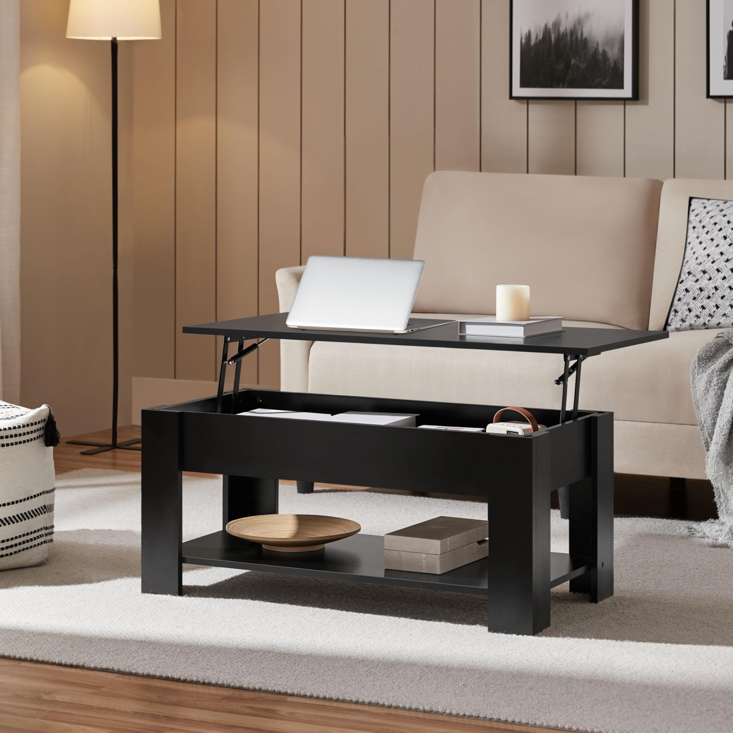 38.6" Lift Top Coffee Table with Hidden Storage, Black Wooden Dining Table for Living Room & Small Spaces