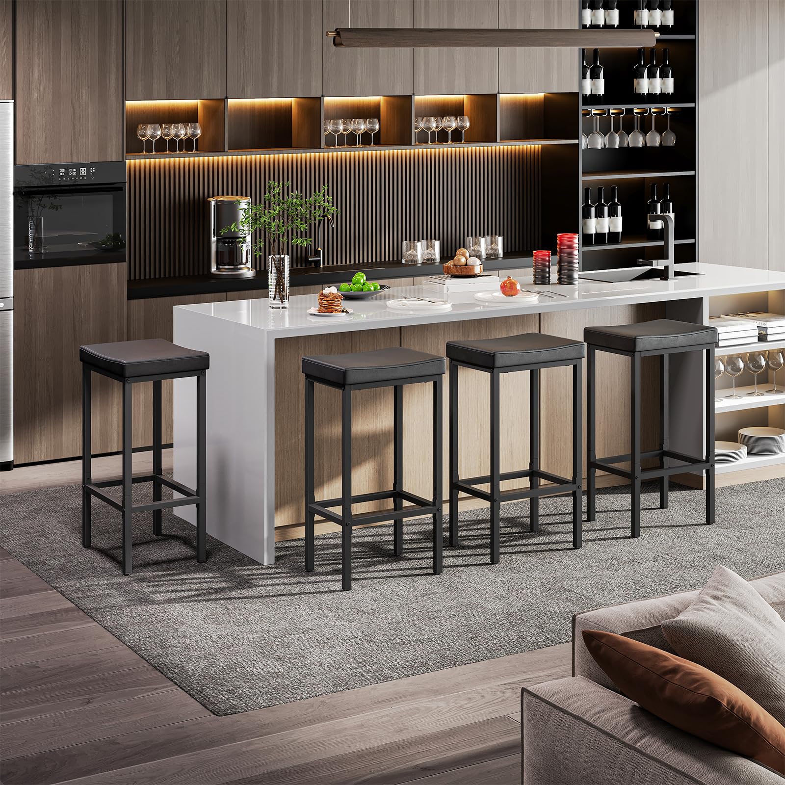 Bar Stools Set of 2, 24.8" Saddle Stools with Curved Seat & 2.4" Cushion, Counter Height Bar Chairs for Kitchen, Cafe, Black