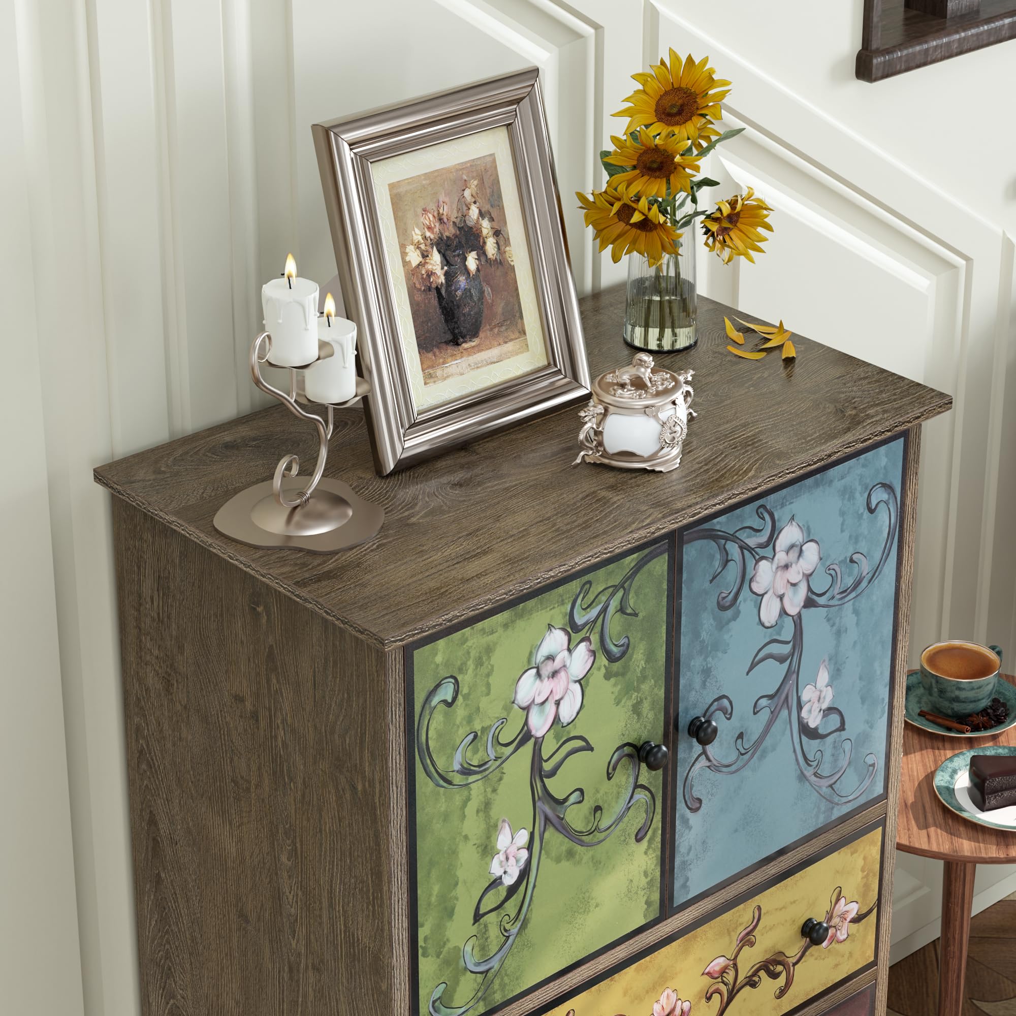 Tall Boho Wood Chest with Drawers & Doors, 42.3" Accent Dresser Cabinet for Office, Bedroom, Living Room