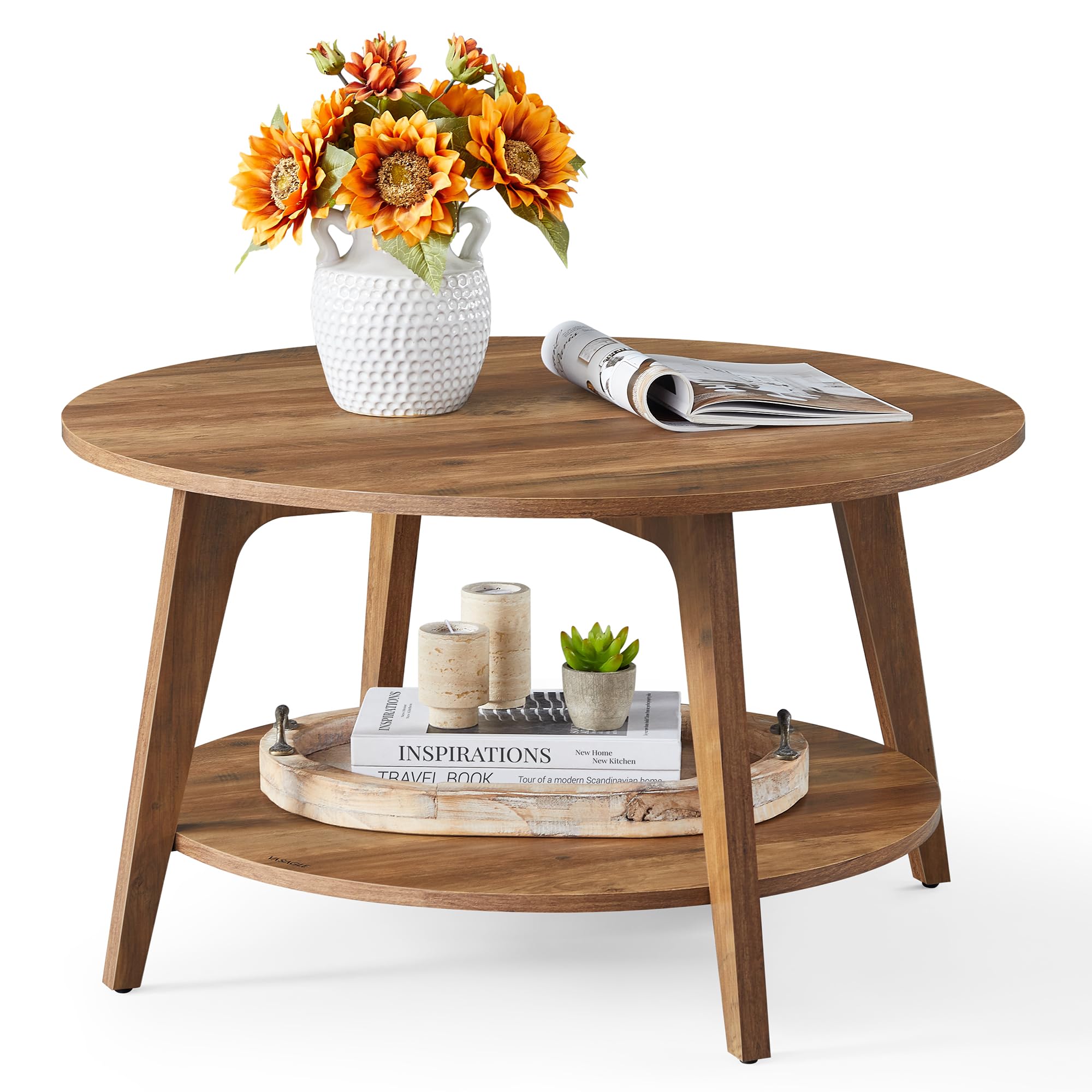 Round Coffee Table, 31.5" 2-Tier Living Room Table with Storage Shelf, Honey Brown Finish, ULCT243K41