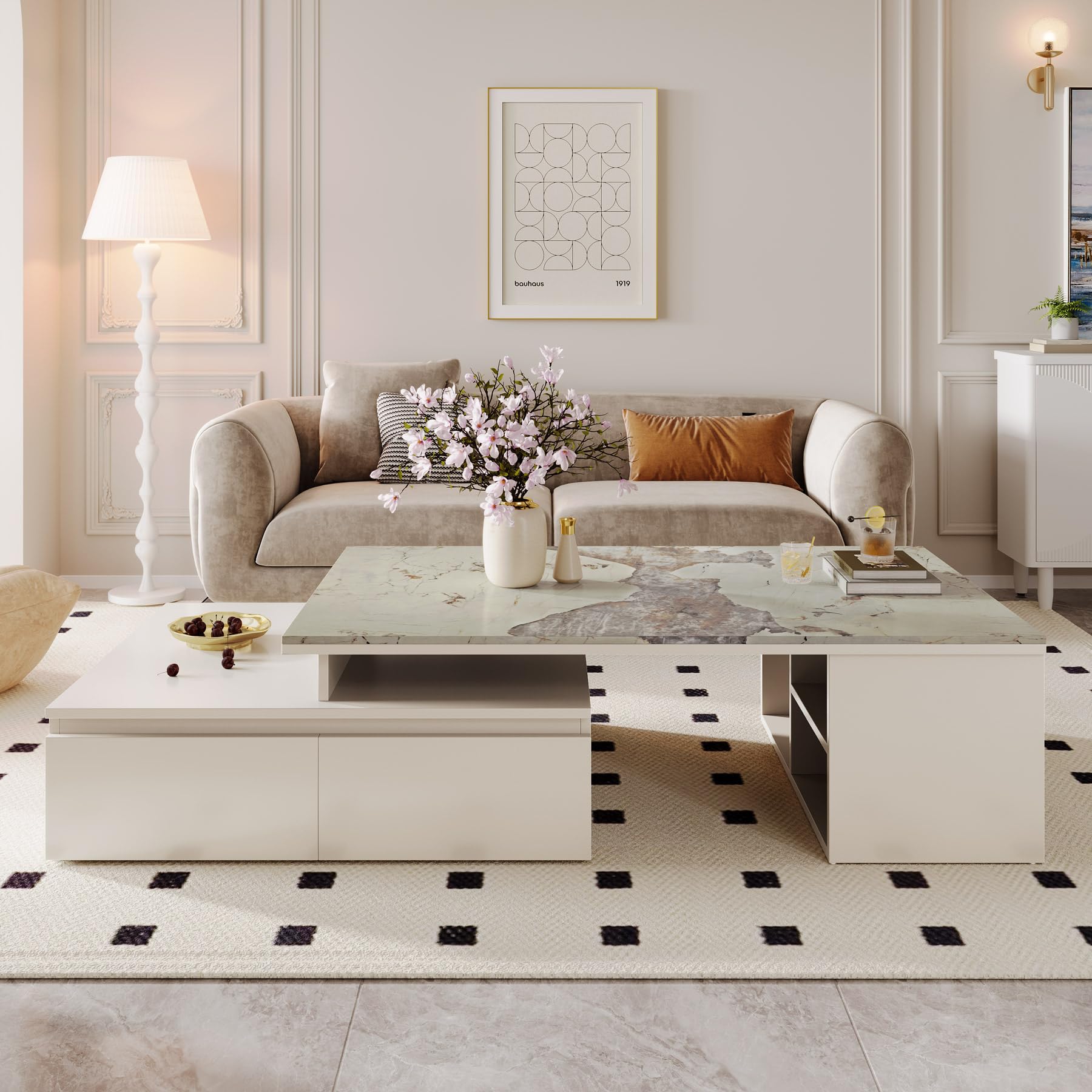 Extendable Coffee Table with Faux Marble Top, 4 Drawers & Storage Shelf, Expands from 51” to 71”