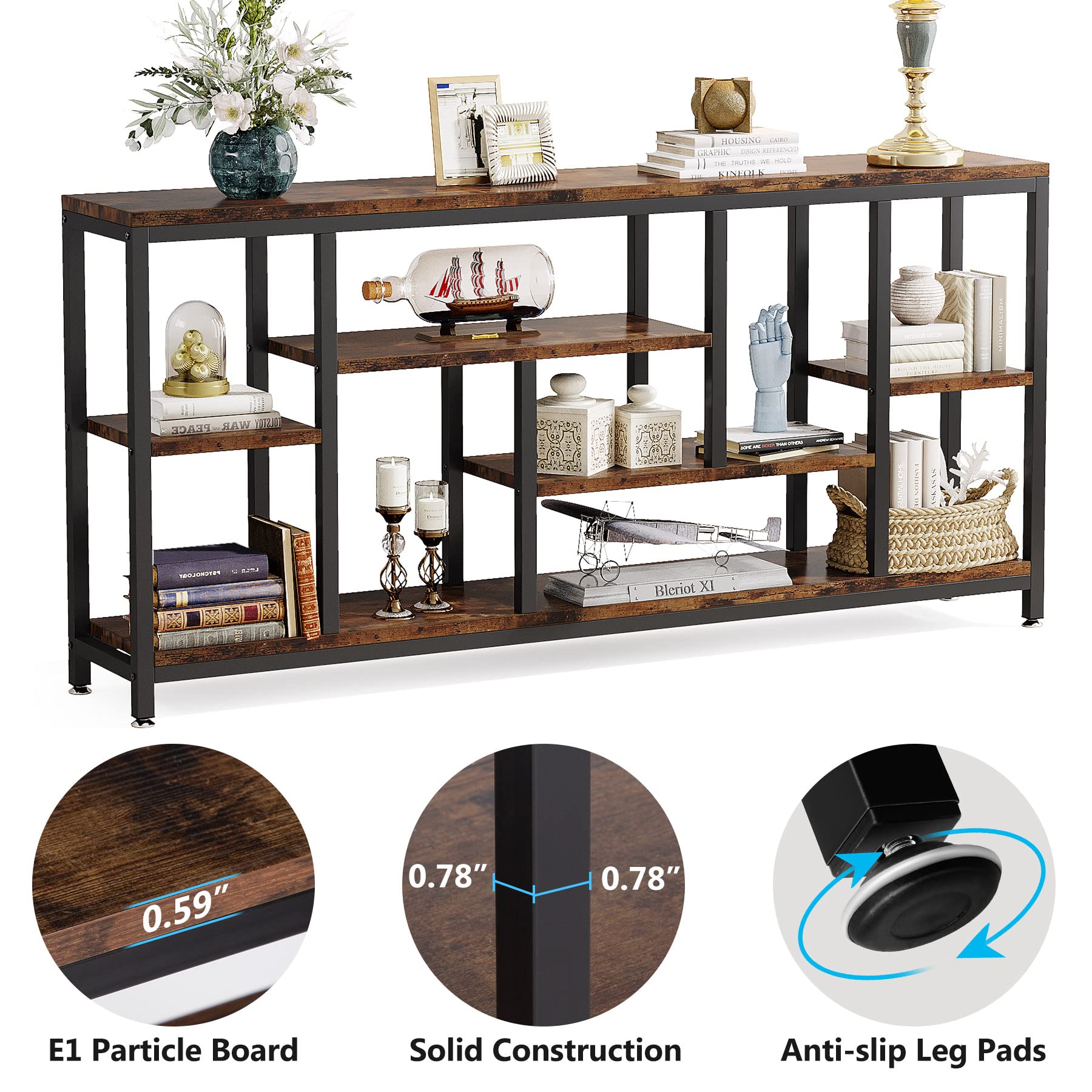 70.9" Industrial Console Table, 3-Tier Extra Long Sofa Table with Storage for Hallway, Living Room, Rustic Brown