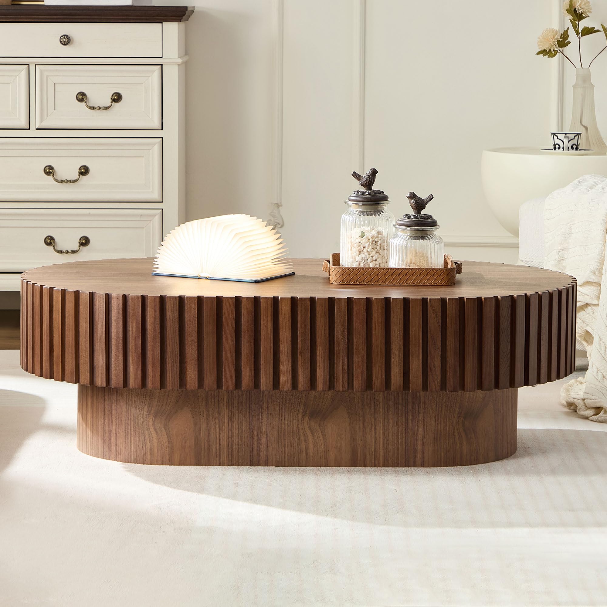 FURNIXI Oval Coffee Table for Living Room, 43.7" Fluted Pedestal Centre Table, Handcrafted Modern Tea Table in Walnut Finish
