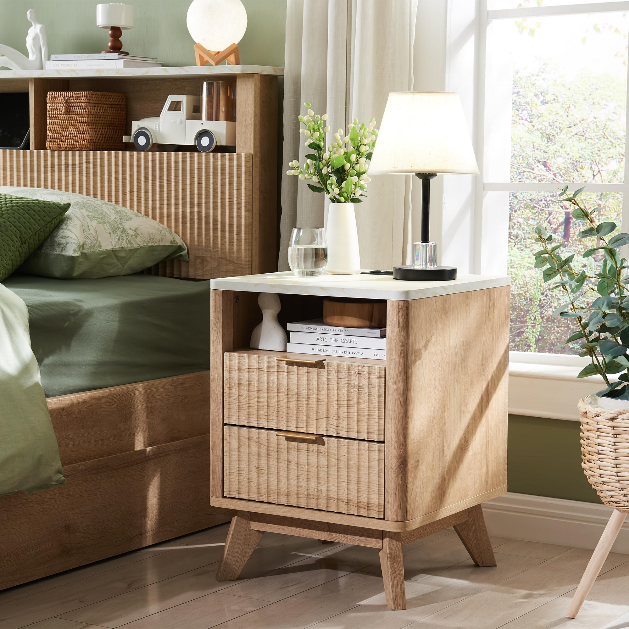 Modern Oak Fluted Nightstand Set of 2 with Faux Marble Top, 2-Drawer End Tables with Charging Station