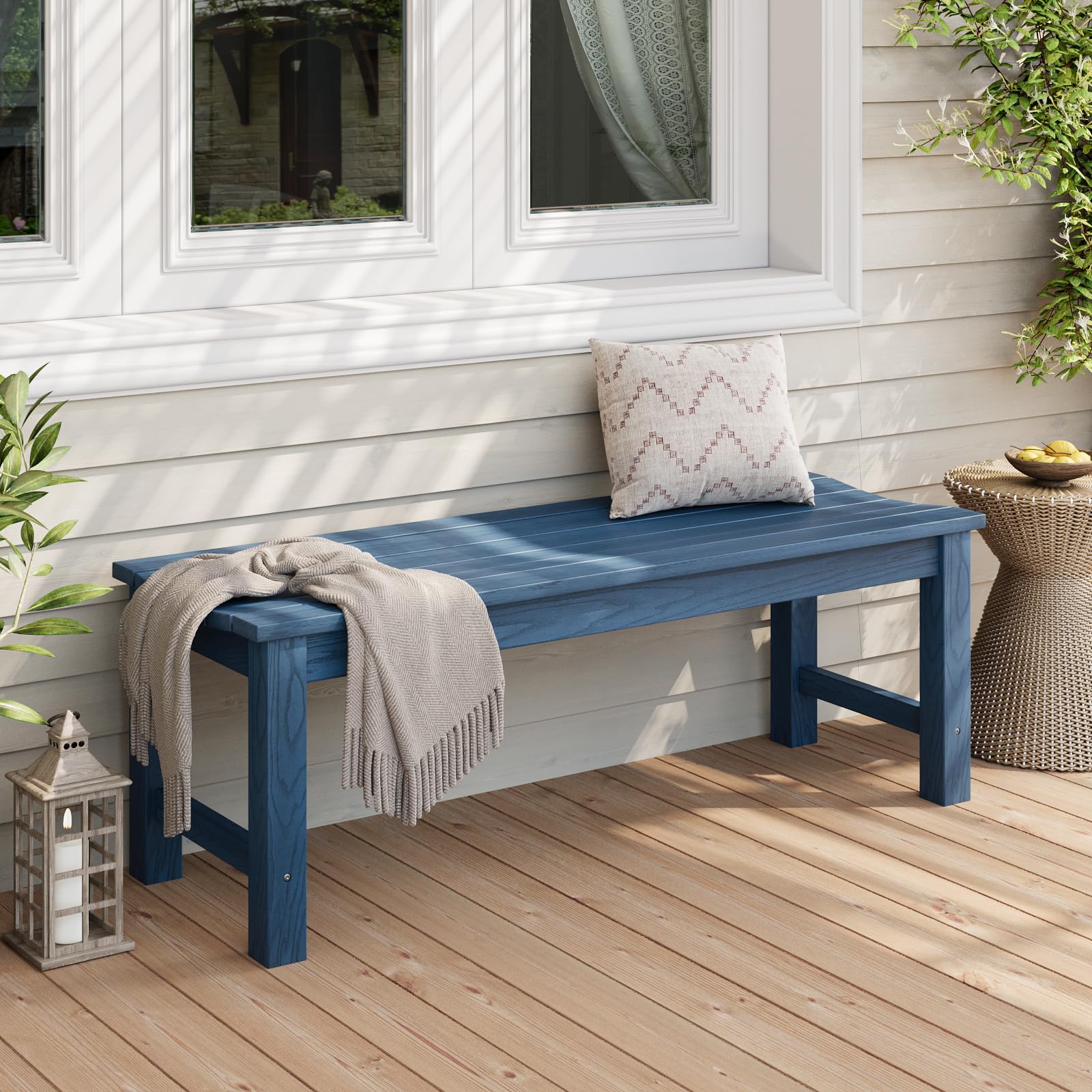 Blue Poly Lumber 2-Person Outdoor Garden Bench, Waterproof & Fade-Resistant, for Porch, Deck, Entryway