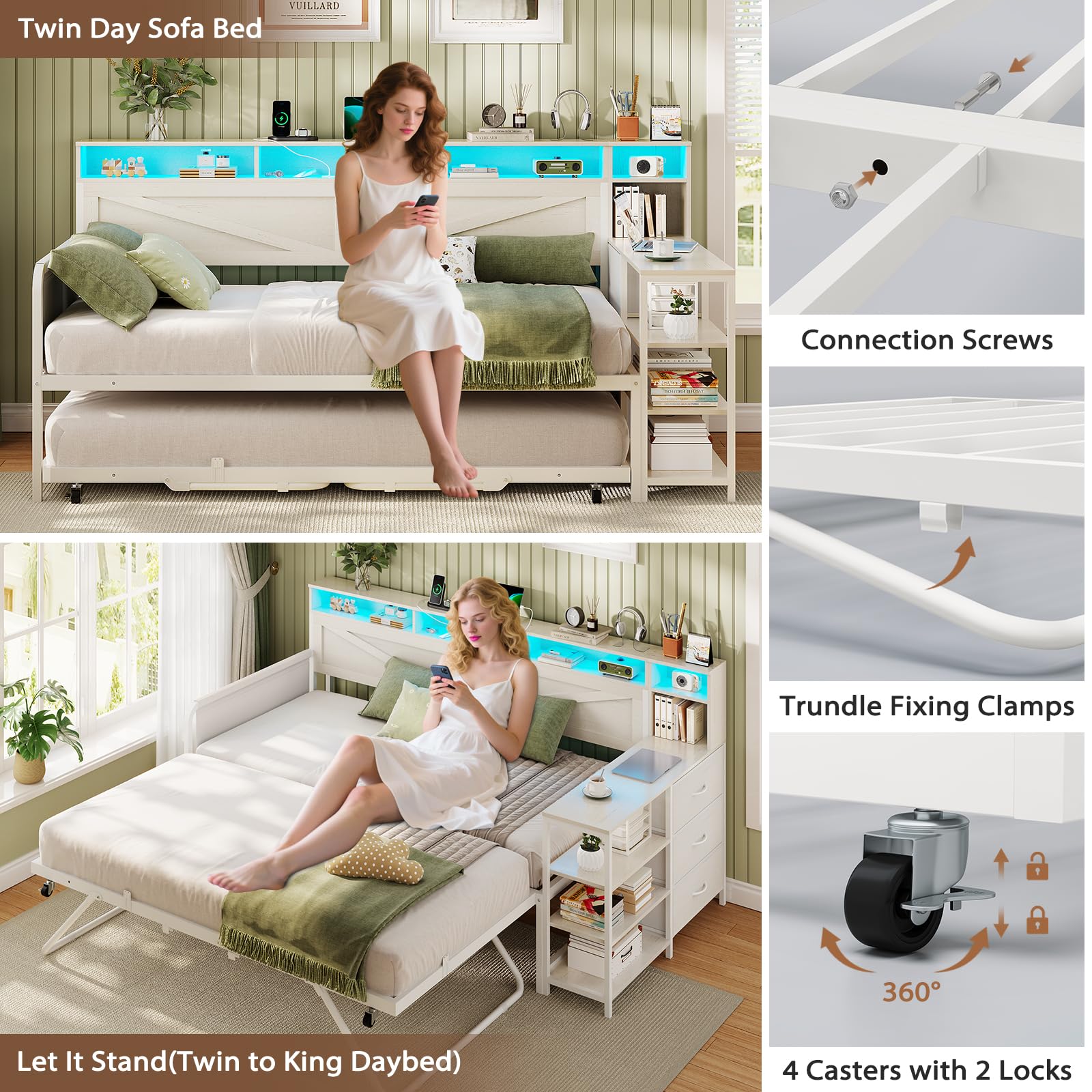 Twin to King Daybed – White Farmhouse Daybed with Trundle, 3 Drawers, Shelves, LED Lights & Charging Station