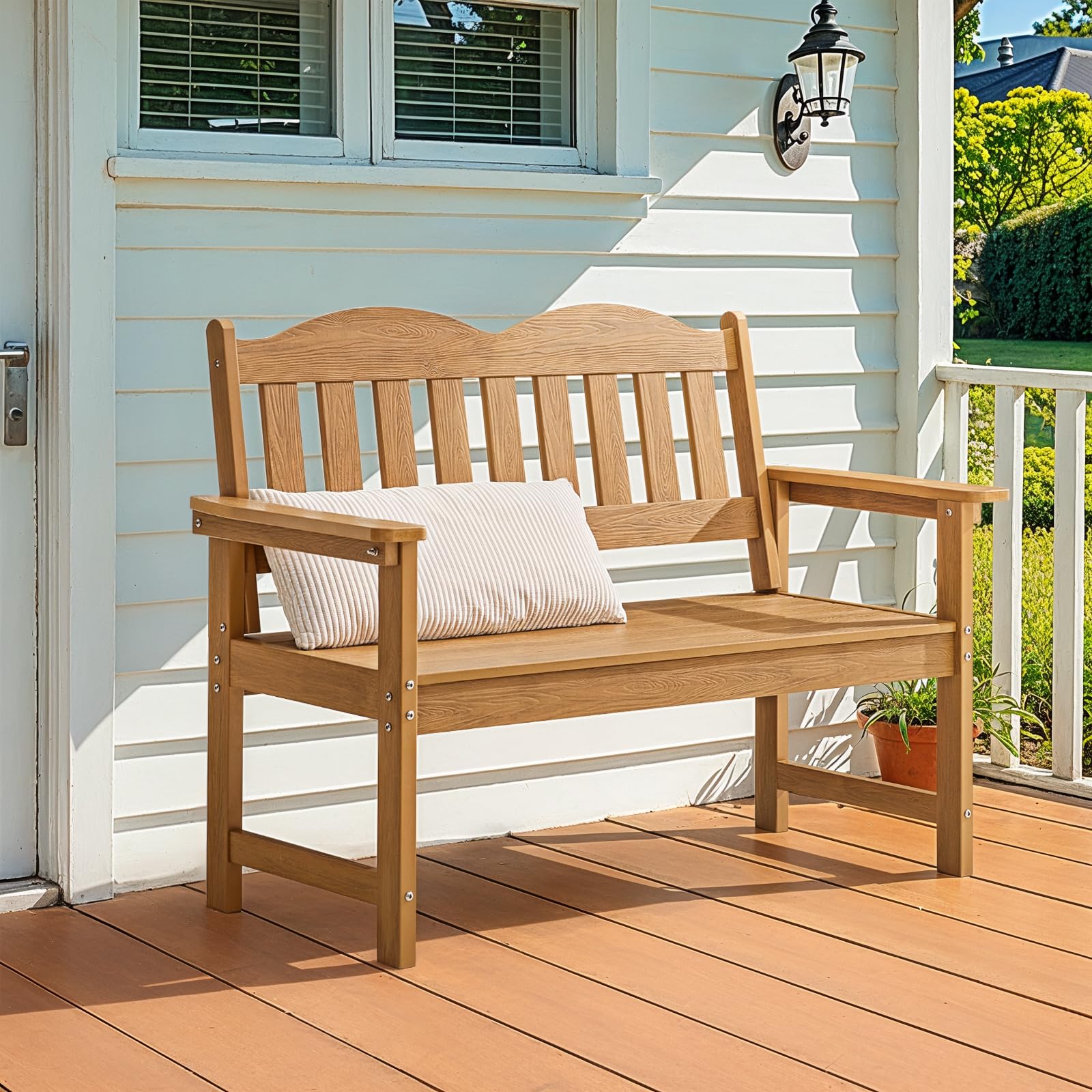 Teak Poly Lumber Outdoor Garden Bench, 2-Person All-Weather Patio Bench with Armrests and Backrest