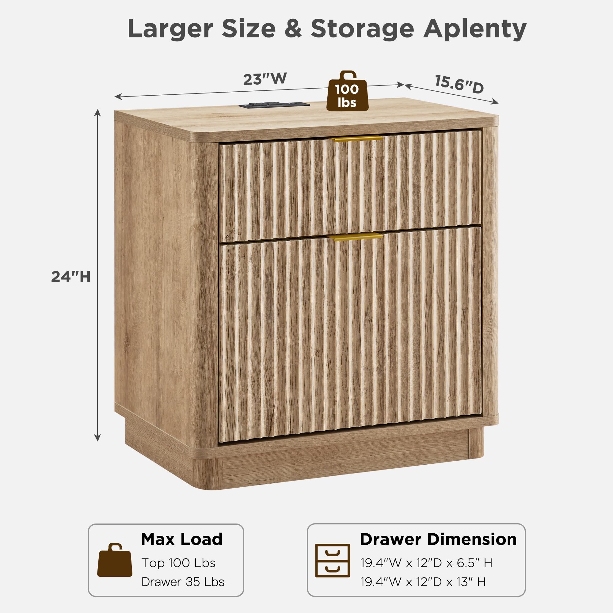 23'' Natural Oak Fluted Nightstand with Charging Station, 2-Drawer Modern End Table for Bedroom