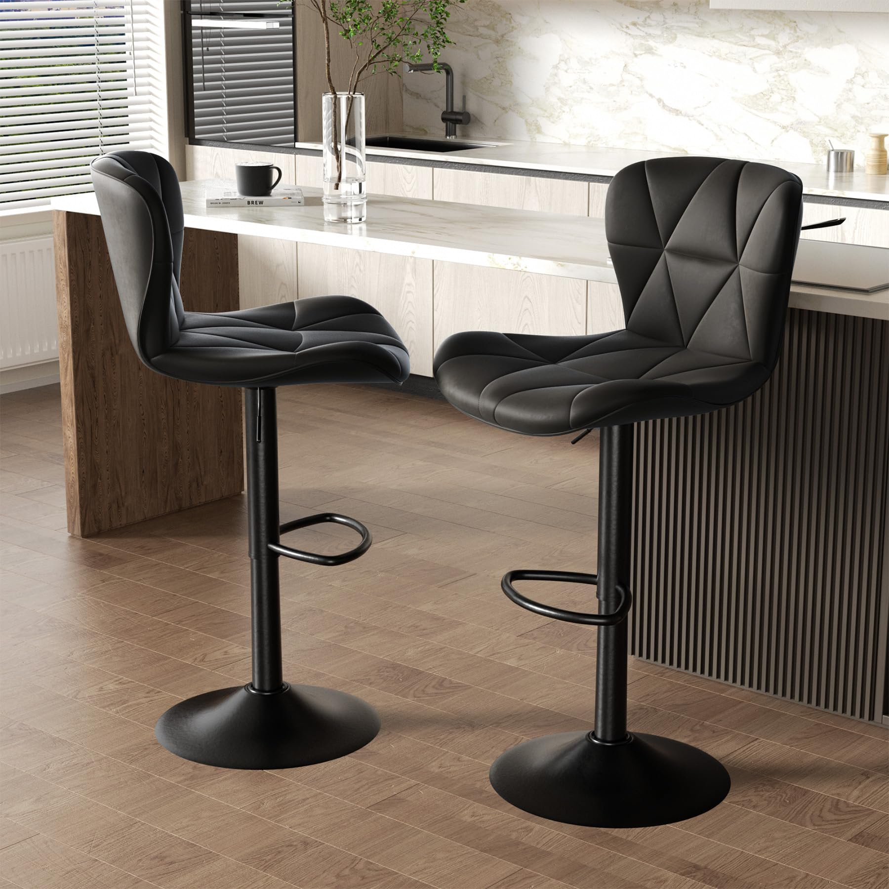 Bar Stools Set of 2, Adjustable Faux Leather Upholstered Swivel Chairs with Back, Counter Height Barstools for Kitchen, Black