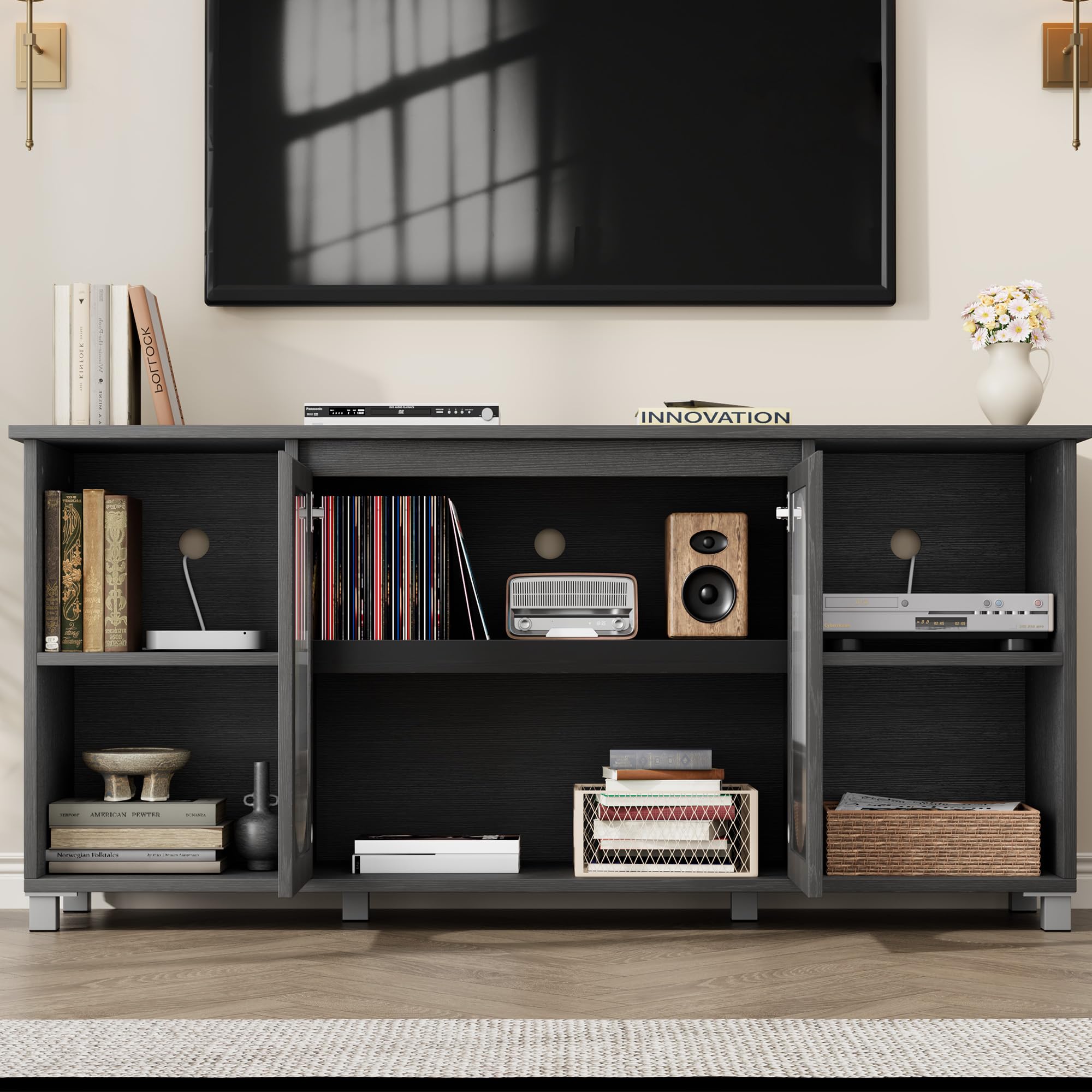 70 Inch Rustic TV Stand – Black Entertainment Center with Corrugated Glass Doors & Open Shelves for Living Room