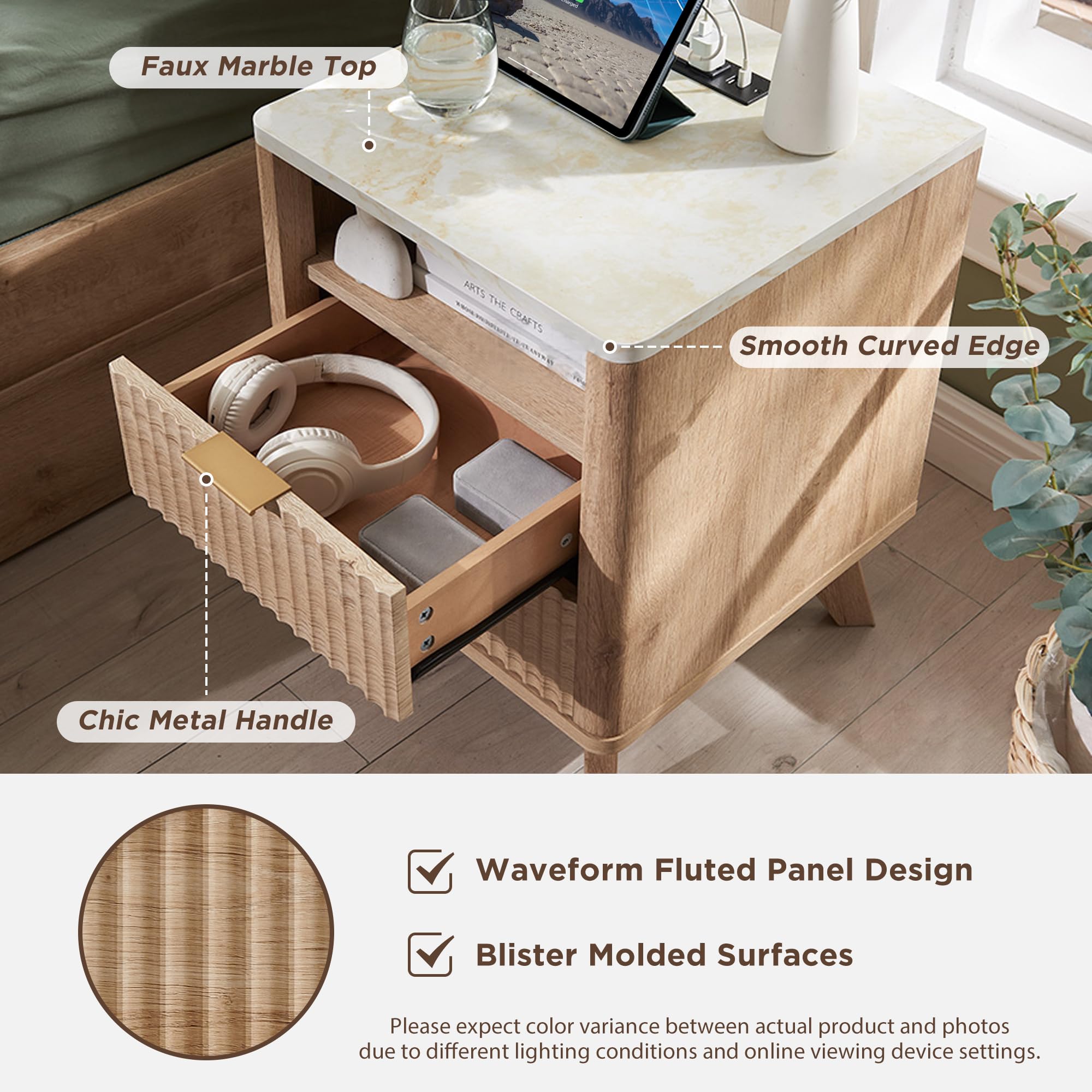 Modern Oak Fluted Nightstand Set of 2 with Faux Marble Top, 2-Drawer End Tables with Charging Station