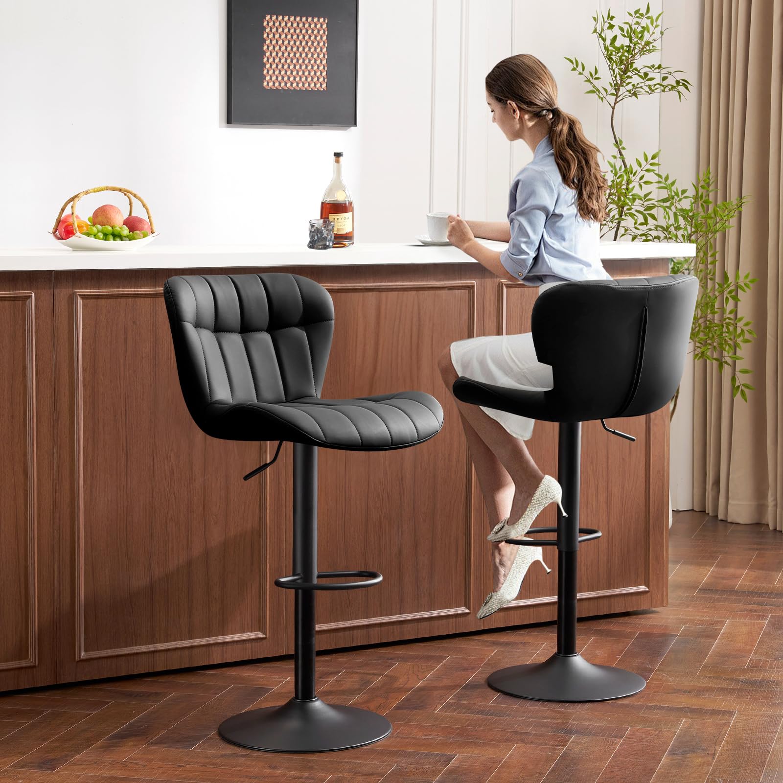Modern Barstools Set of 2, Faux Leather Swivel Bar Stools with Backs for Kitchen Island, Upholstered Bar Height Chairs, Black