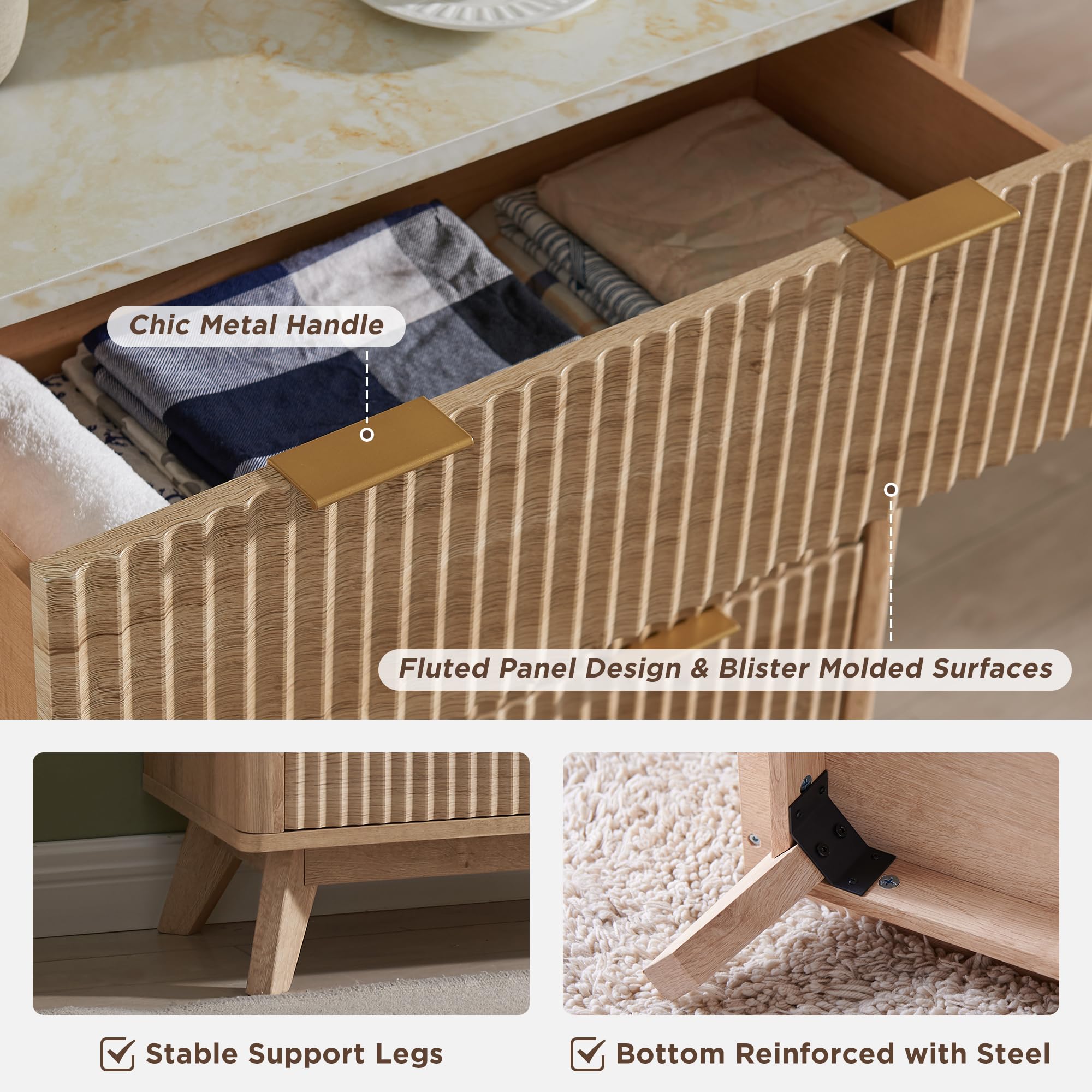 Fluted 6-Drawer Dresser – 54" Oak Chest with Faux Marble Top, Modern Organizer & TV Stand for Living Room or Hall