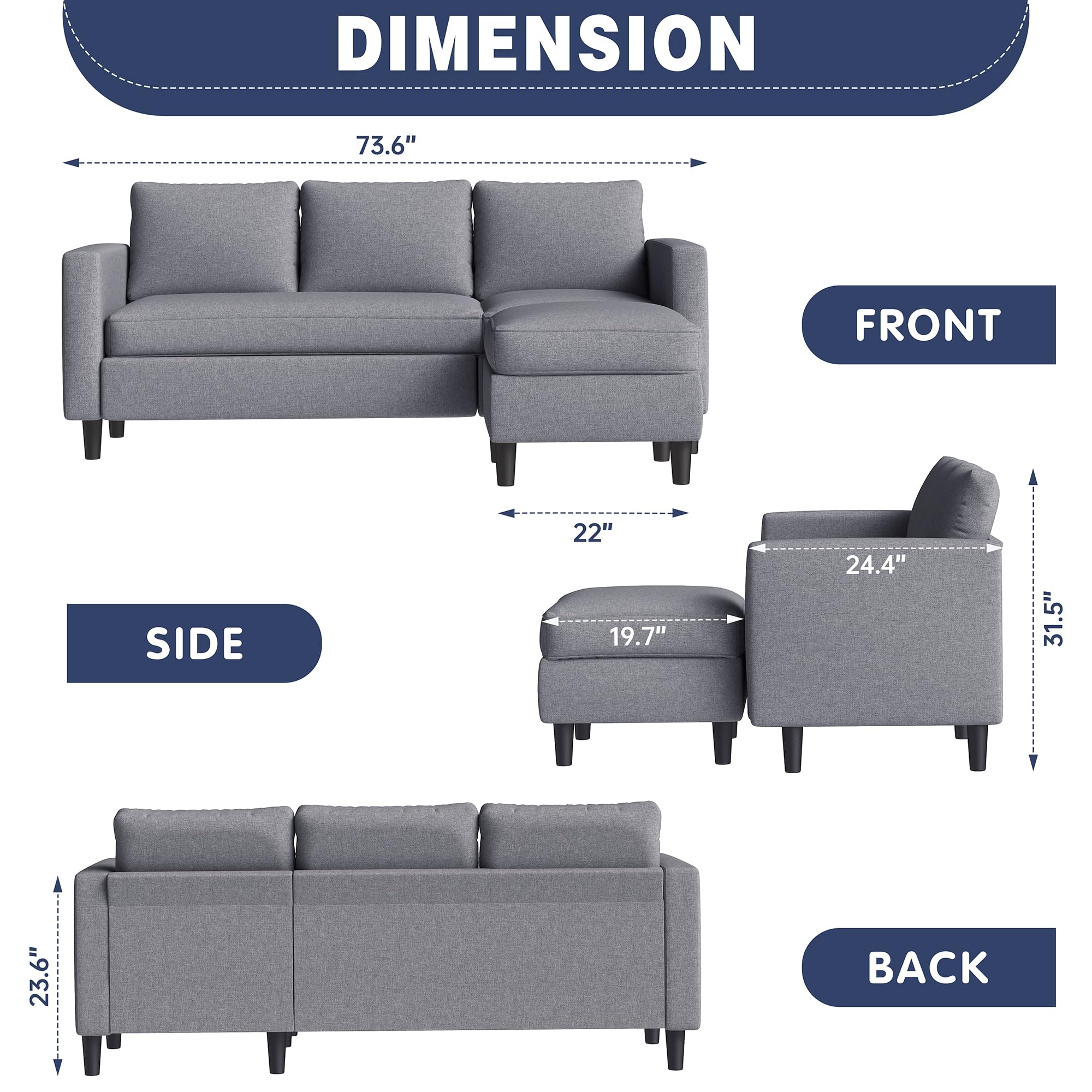 Small Dark Grey Sectional Sofa with Ottoman, Fabric Upholstered 3-Seater Convertible Couch for Apartment, Office
