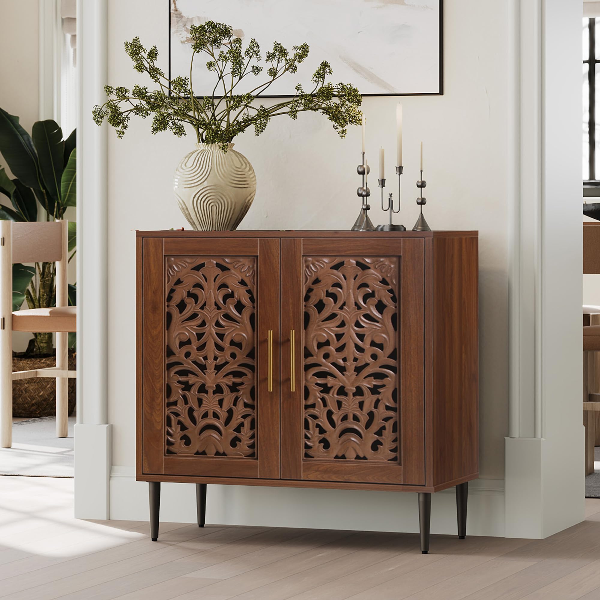Walnut Accent Cabinet with 2 Doors, Vintage Carved Sideboard Credenza for Dining Room, Hallway, Kitchen