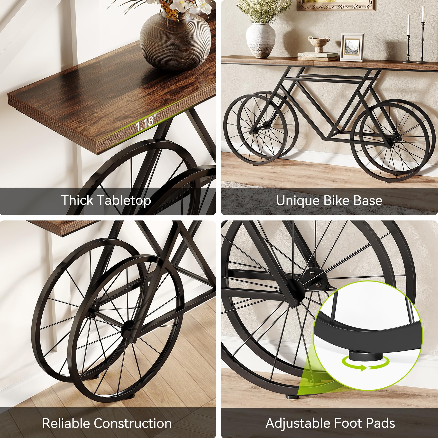 70.9" Extra Long Narrow Sofa Table, Farmhouse Console with Unique Bicycle Base for Living Room, Entryway, Rustic Brown