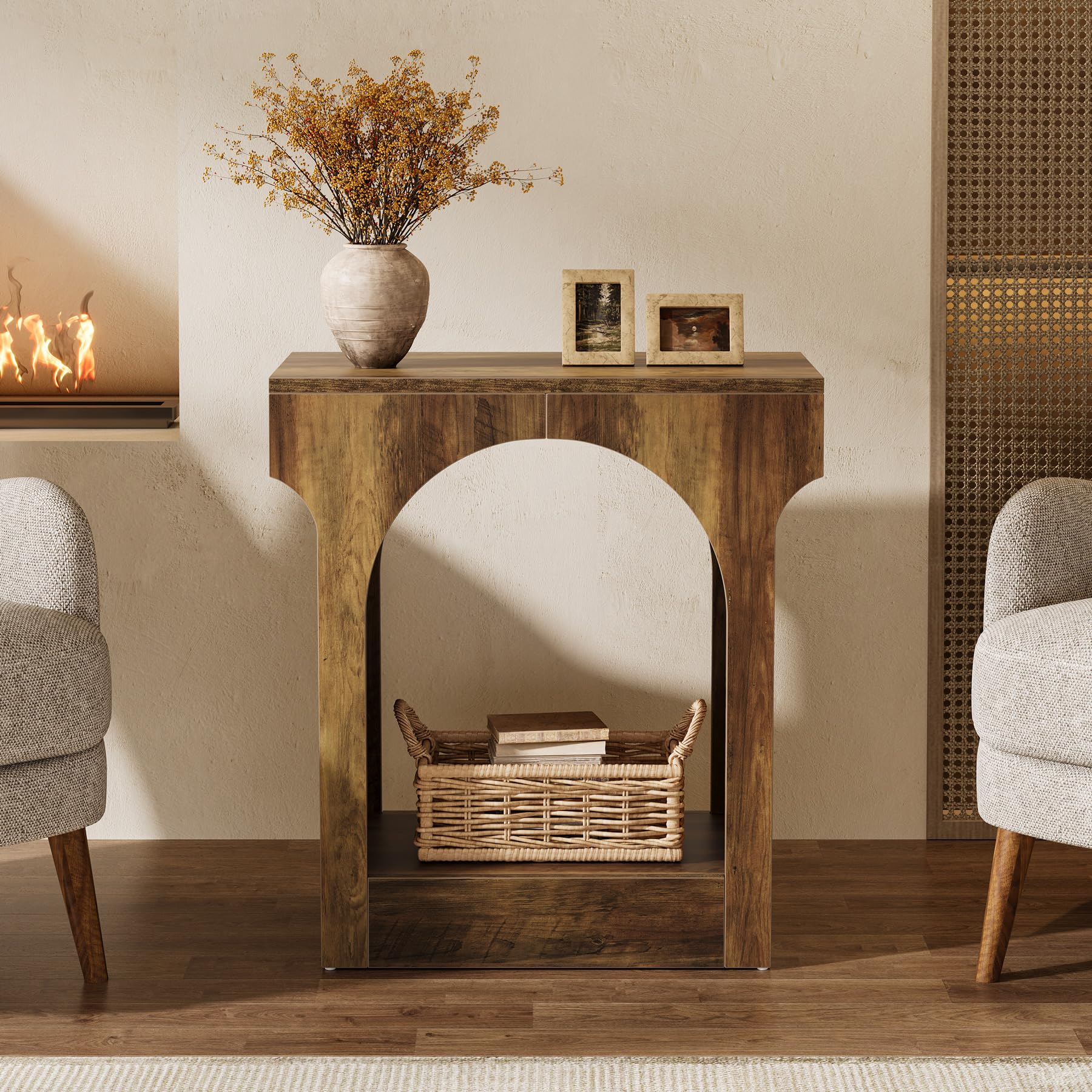 Rustic Brown Wood End Table Set of 2, Narrow Side Tables with Storage Space for Bedroom or Living Room