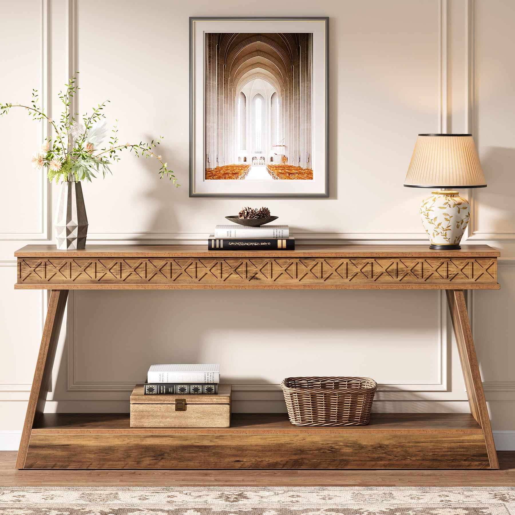 71" Extra Long Farmhouse Console Table, 2-Tier Wooden Sofa Table Behind Couch with Storage, Rustic Brown