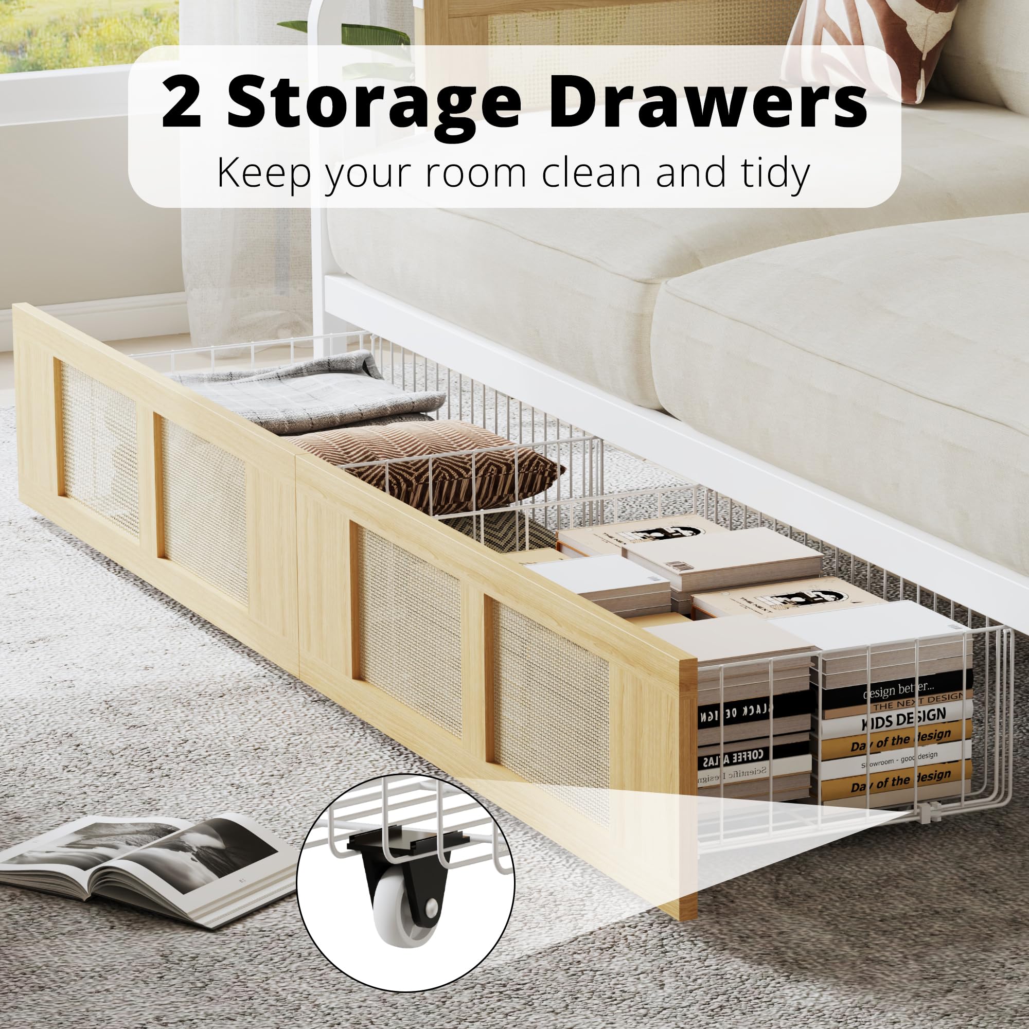 Twin Rattan Daybed – Stylish Corner Day Bed Frame with Storage Drawers for Living Room, Bedroom or Guest Room