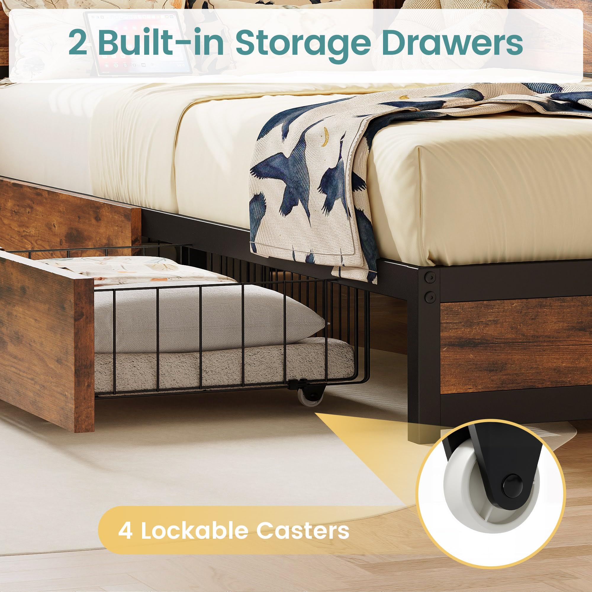 Industrial Brown Twin Daybed – Corner Bed with Storage Drawers, LED Lights & Charging Station for Guest Room