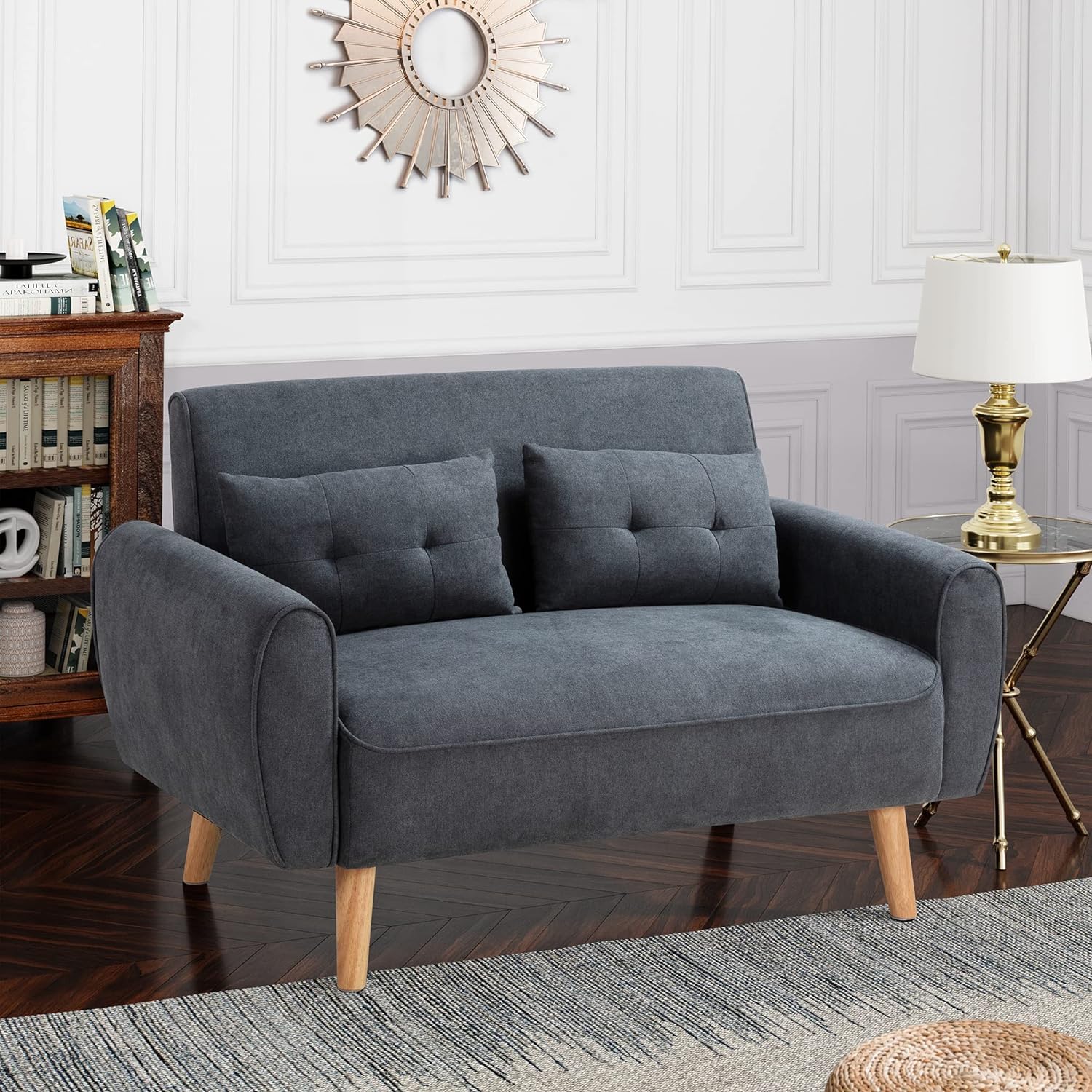 47" Linen Loveseat Sofa – Compact Dark Grey 2-Seater Couch with Pillows, Ideal for Apartments & Small Spaces