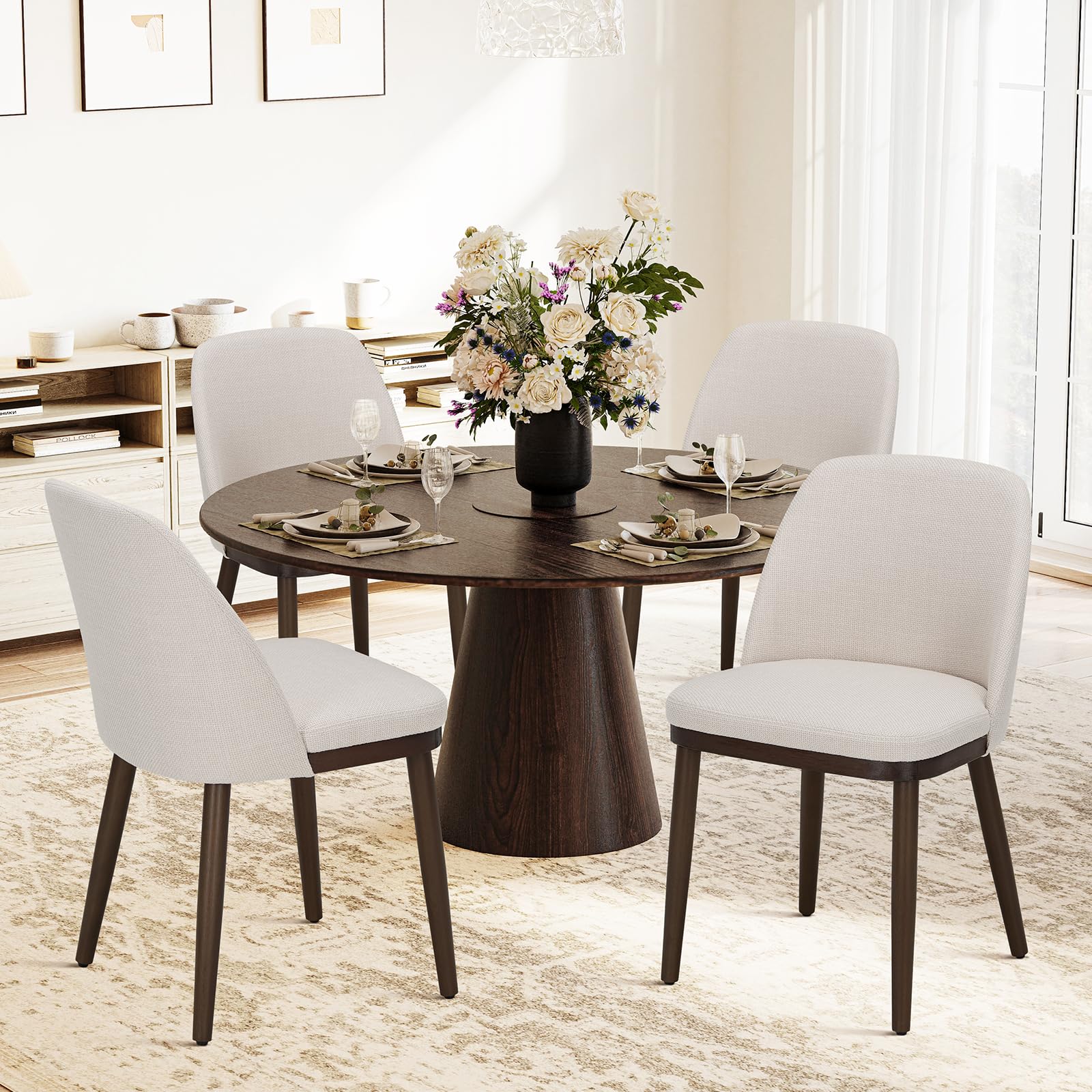 Set of 4 Beige Upholstered Kitchen Chairs with Wood Legs, Modern Dining Room Side Chairs for Any Space