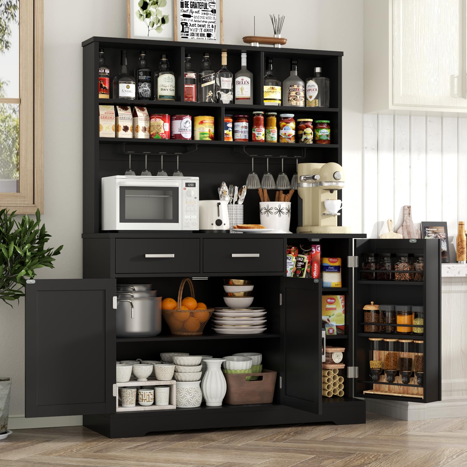 FURNIXI Pantry Storage Cabinet with Drawers, Black Tall Hutch with Microwave Shelf, Goblet Holders, Adjustable Shelves for Kitchen