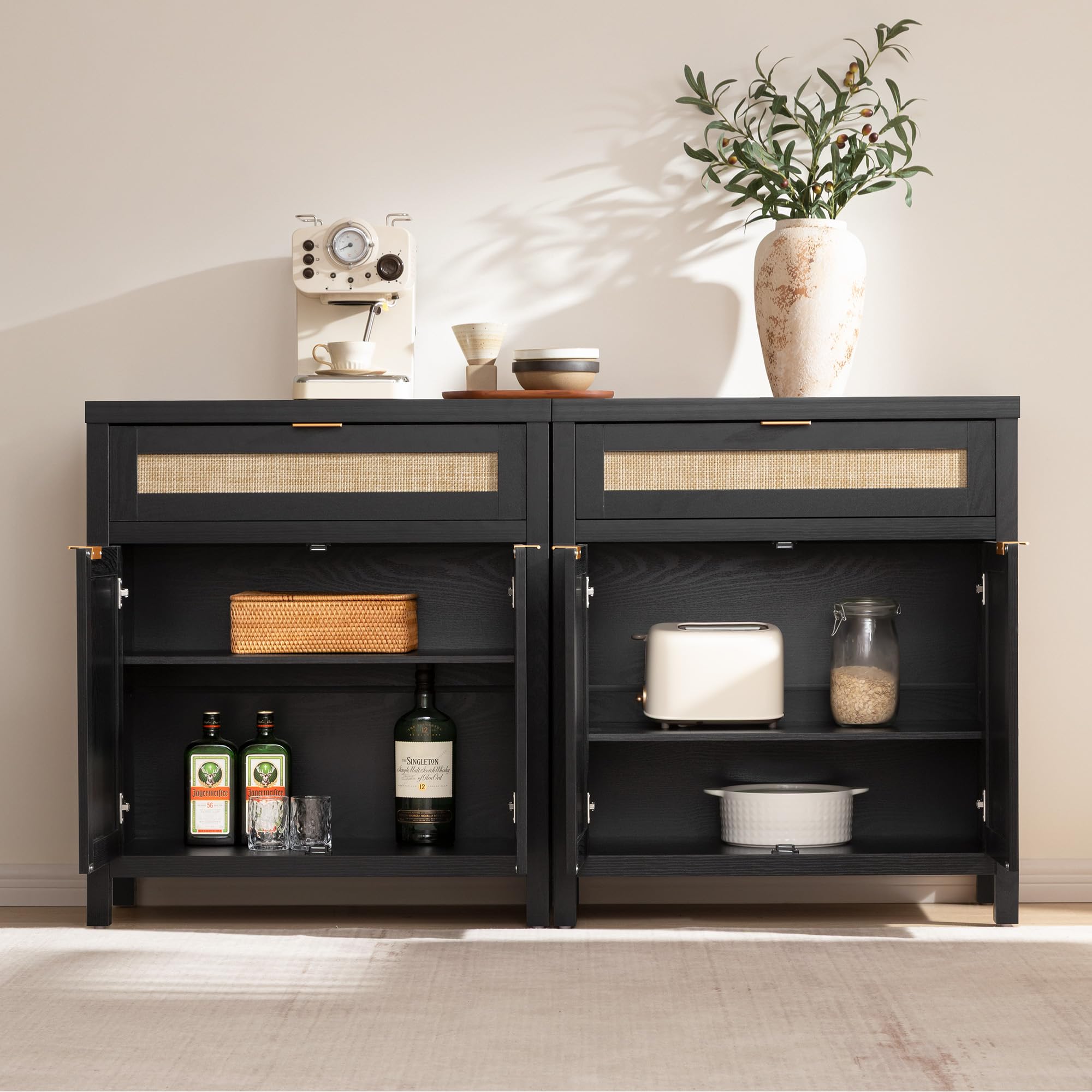 FURNIXI Sideboard Buffet Storage Cabinet Set of 2, Black Rattan Credenza Console with Drawer & Doors, Coffee Bar for Entryway Kitchen