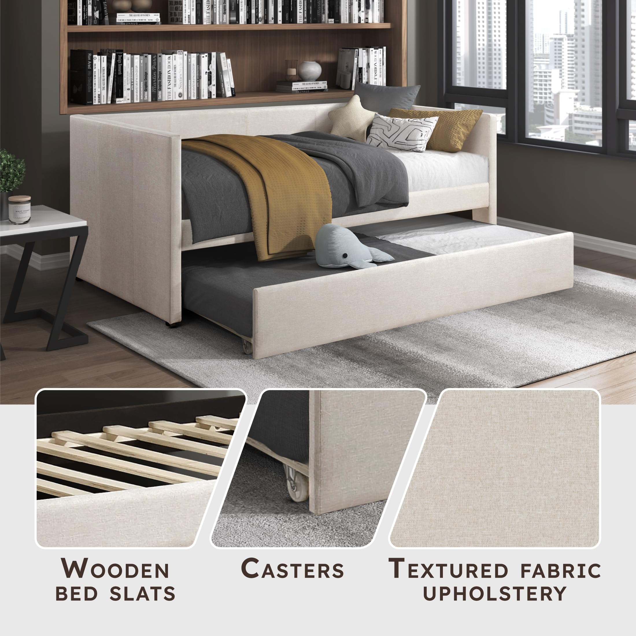 Upholstered Twin Daybed with Trundle – Beige Sofa Bed with Wood Slats for Bedroom, Guest Room, No Box Spring Needed