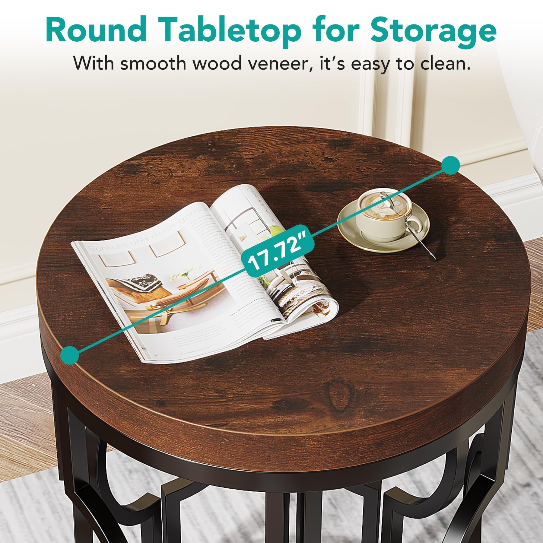 Round Rustic Brown End Table Set of 2, Industrial Side Tables with Metal Hollow Frame, Easy Assembly