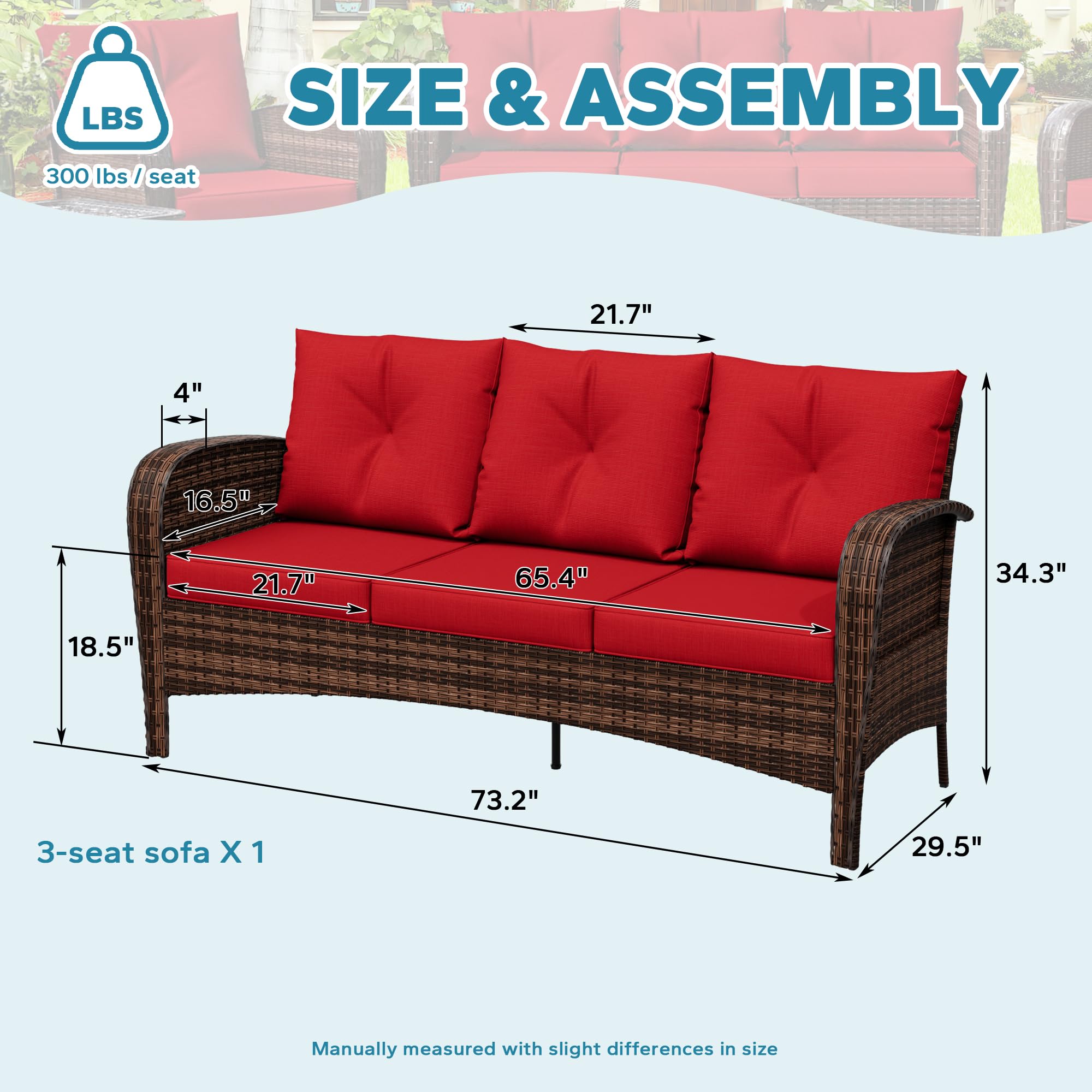 73" Red Wicker Patio Sofa, 3-Seater Rattan Couch with Cushions, Outdoor Deep Seat Furniture for Porch