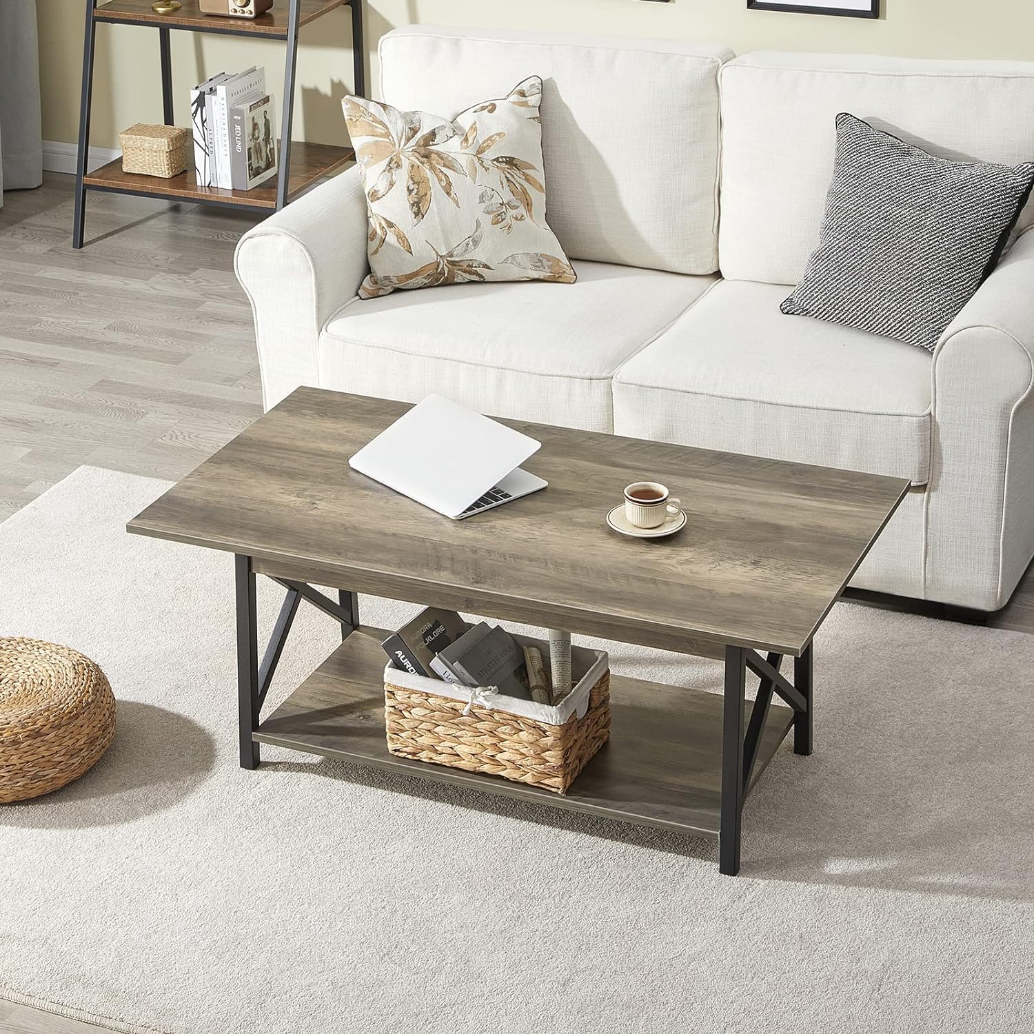 FURNIXI 39" Modern 2-Tier Coffee Table, Grey Wash X-Frame Farmhouse Living Room Table with Storage, Easy Assembly
