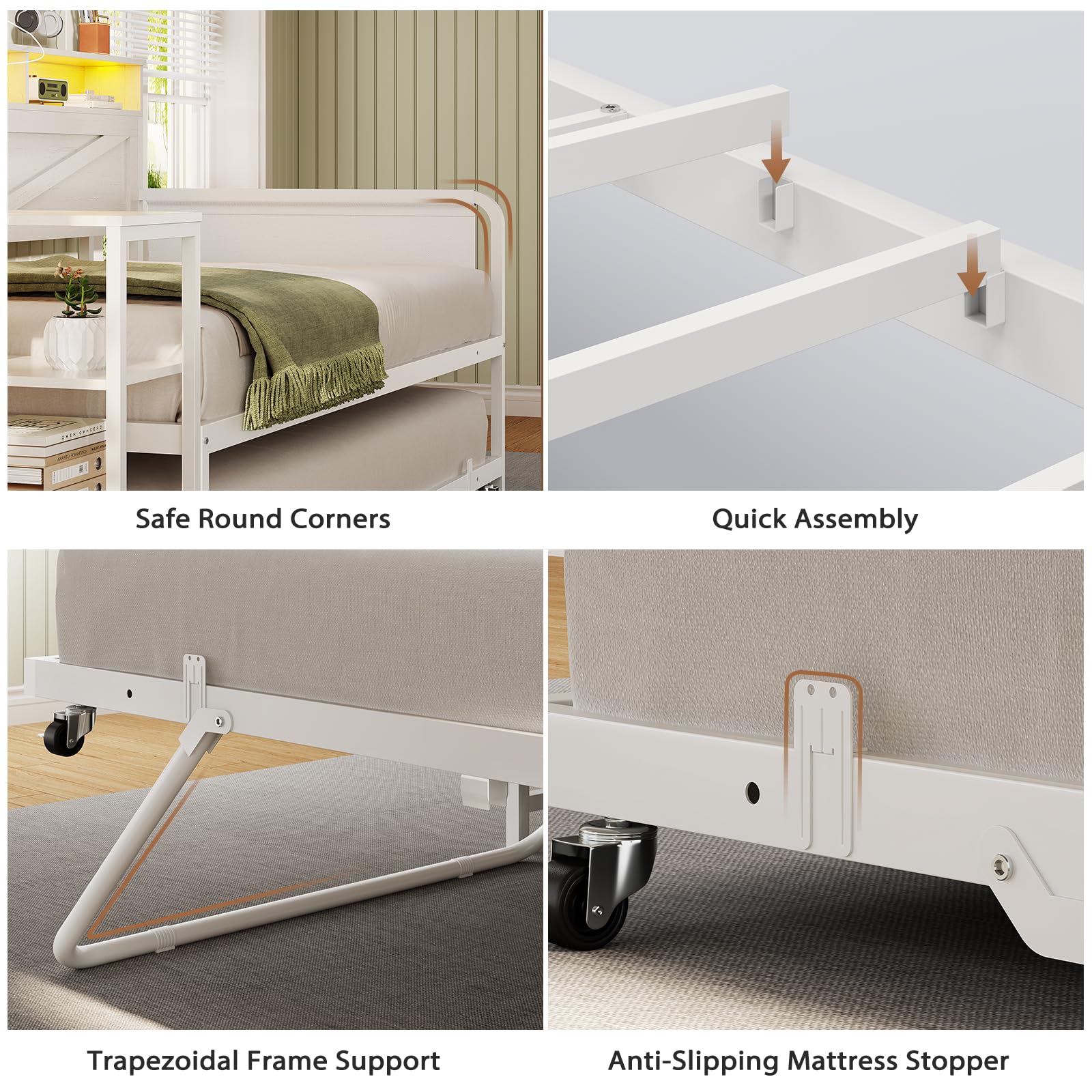 Twin to King Daybed – White Farmhouse Daybed with Trundle, 3 Drawers, Shelves, LED Lights & Charging Station