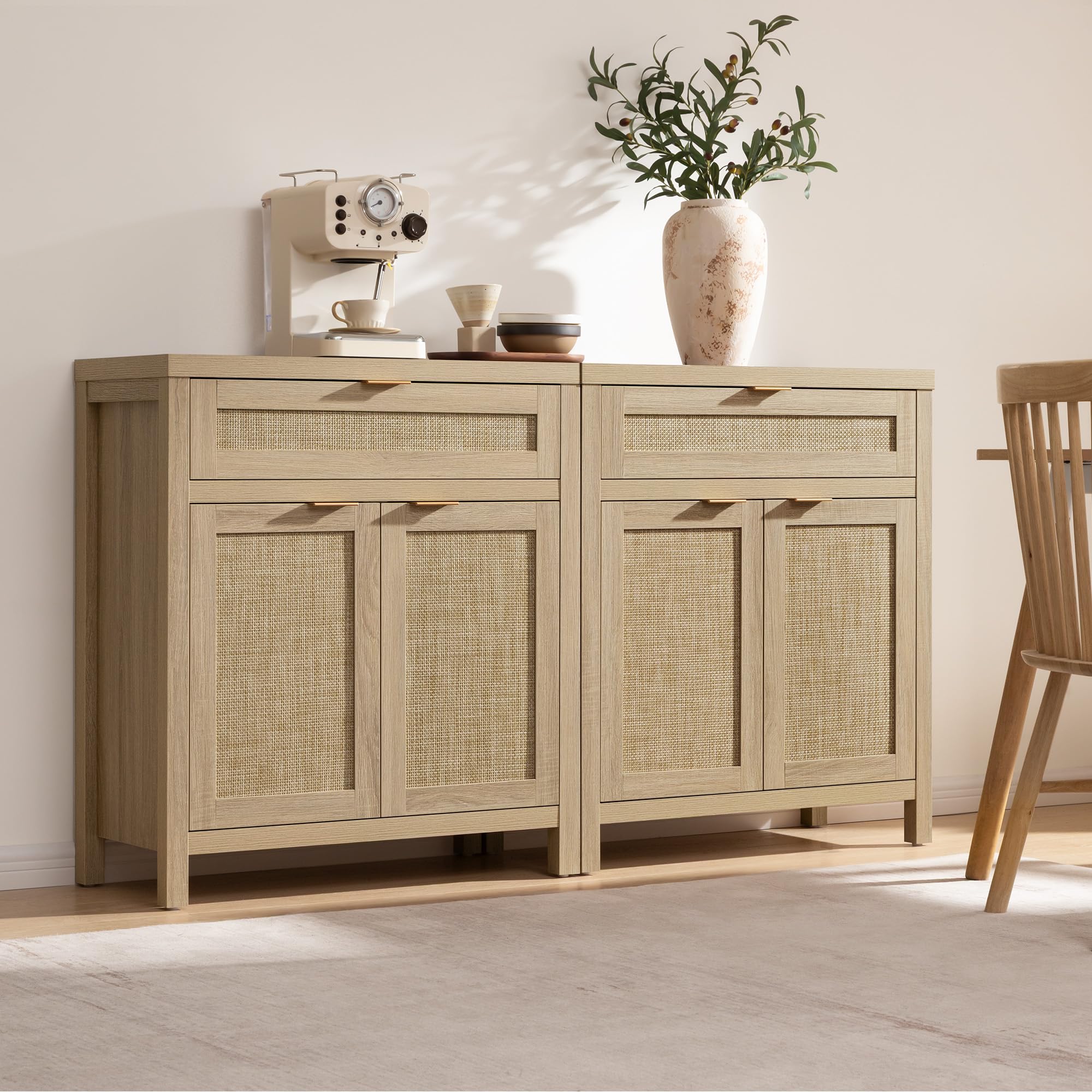 Sideboard Buffet Storage Cabinet Set of 2, Natural Rattan Credenza Console with Drawer & Doors, Coffee Bar for Living Room