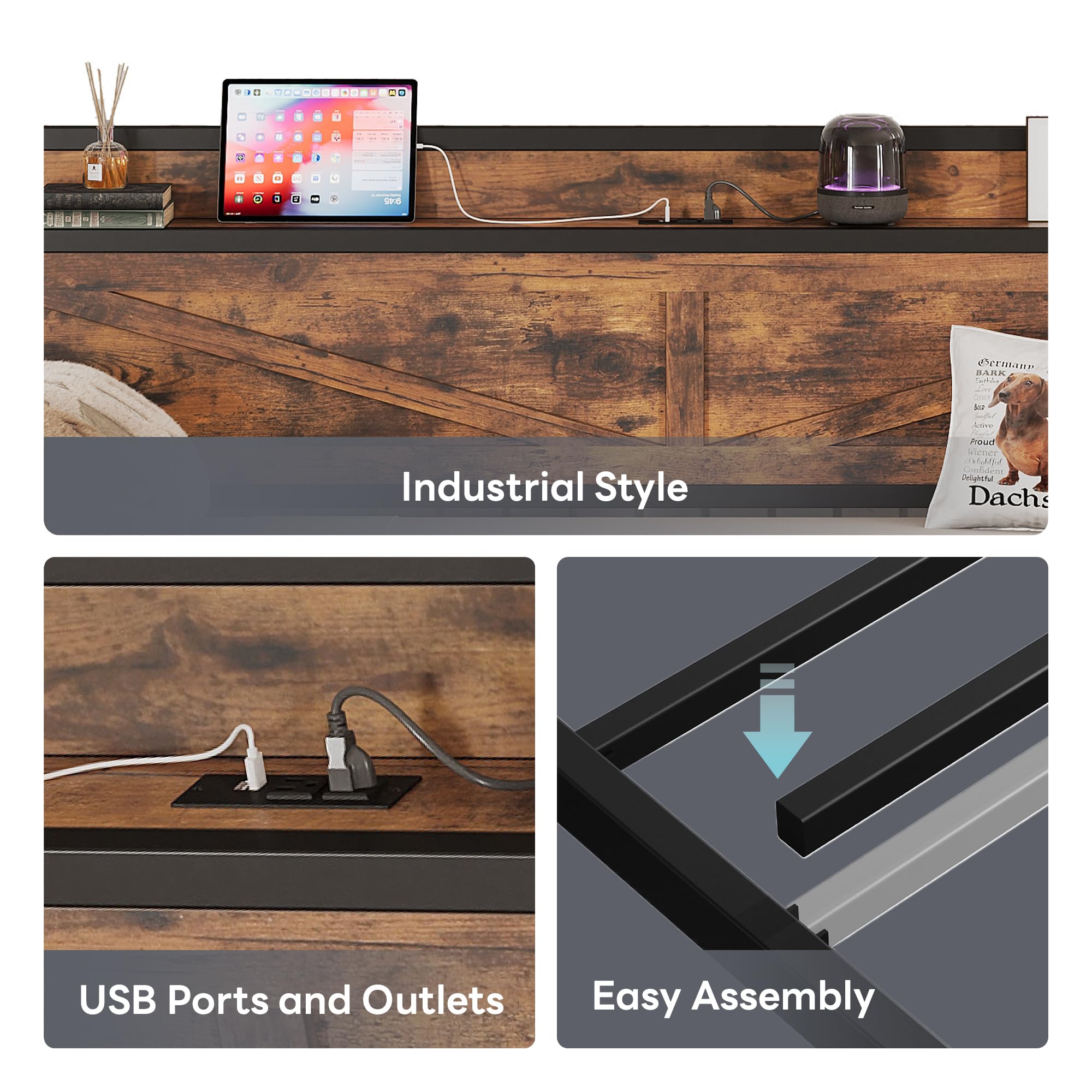 Twin Daybed with Trundle – Brown Industrial Sofa Bed with Storage Headboard & Charging Station for Bedroom or Guest Room