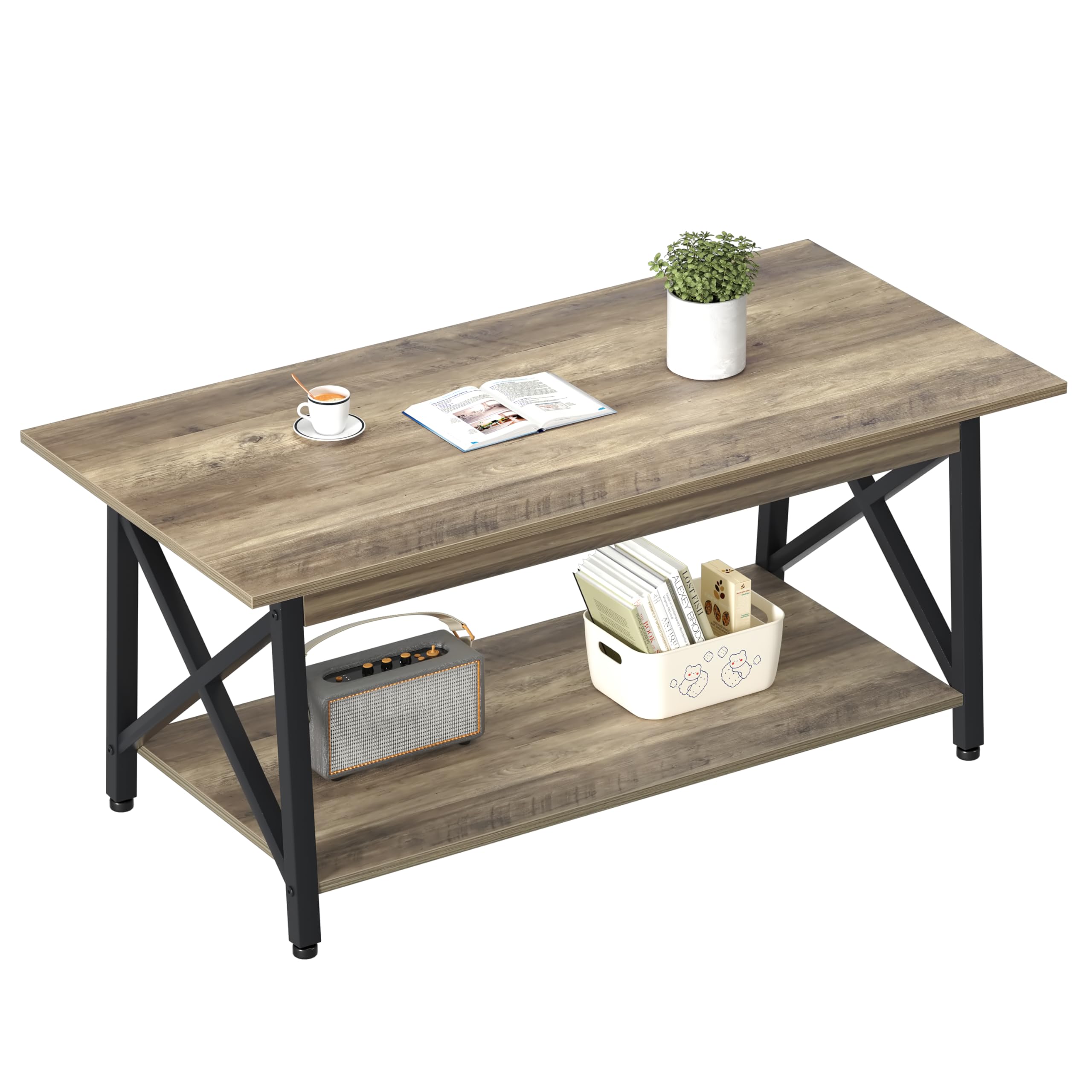 FURNIXI 39" Modern 2-Tier Coffee Table, Grey Wash X-Frame Farmhouse Living Room Table with Storage, Easy Assembly